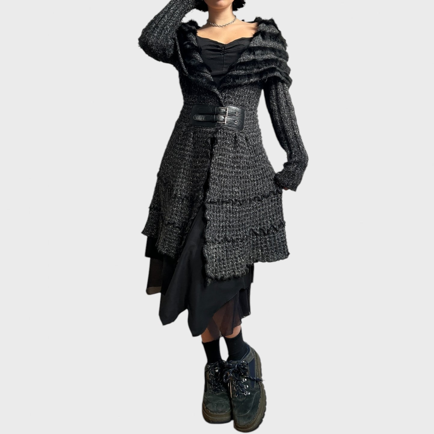Grey Chunky Knit Cardigan with Buckle Fastening