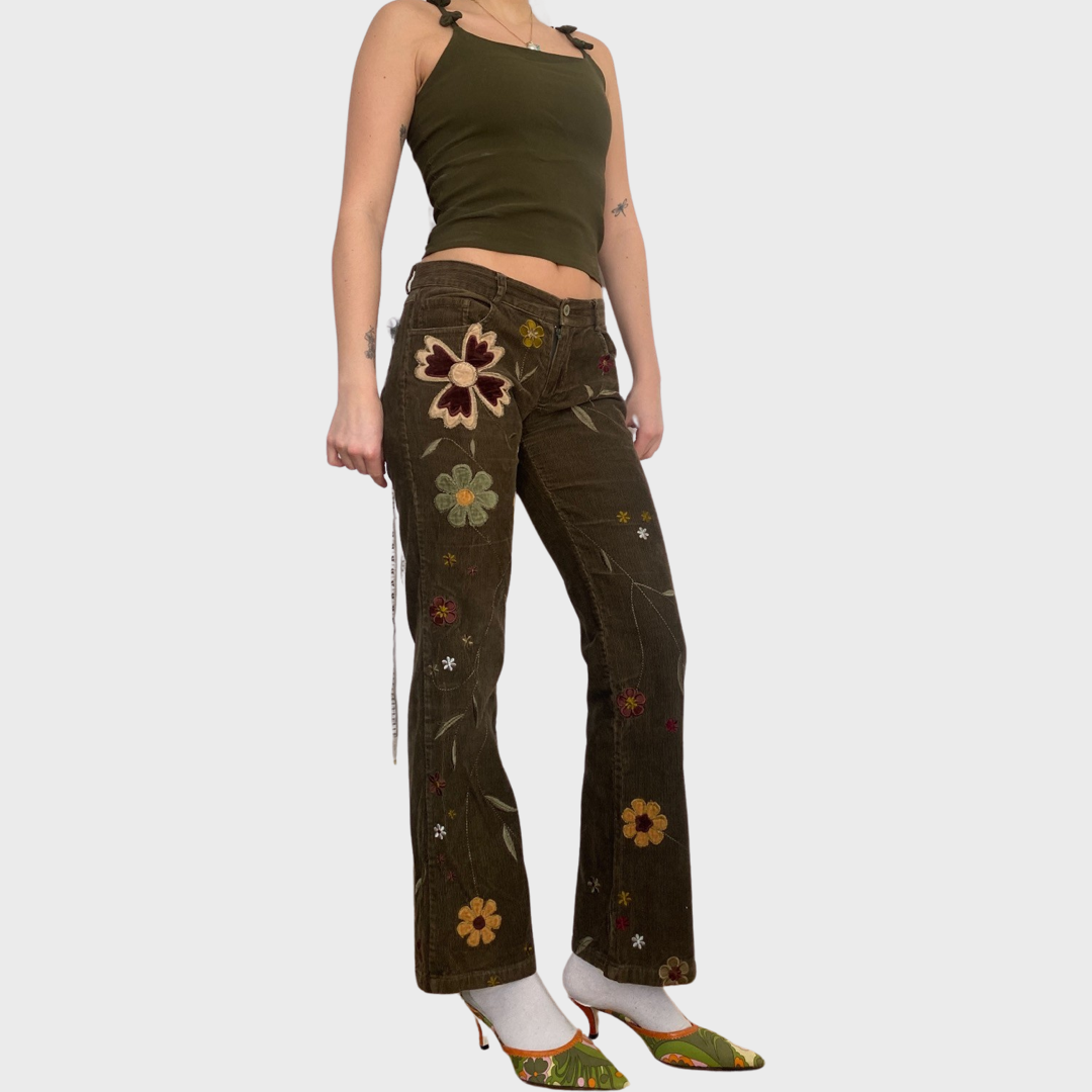 Brown corduroy floral embroidered trousers