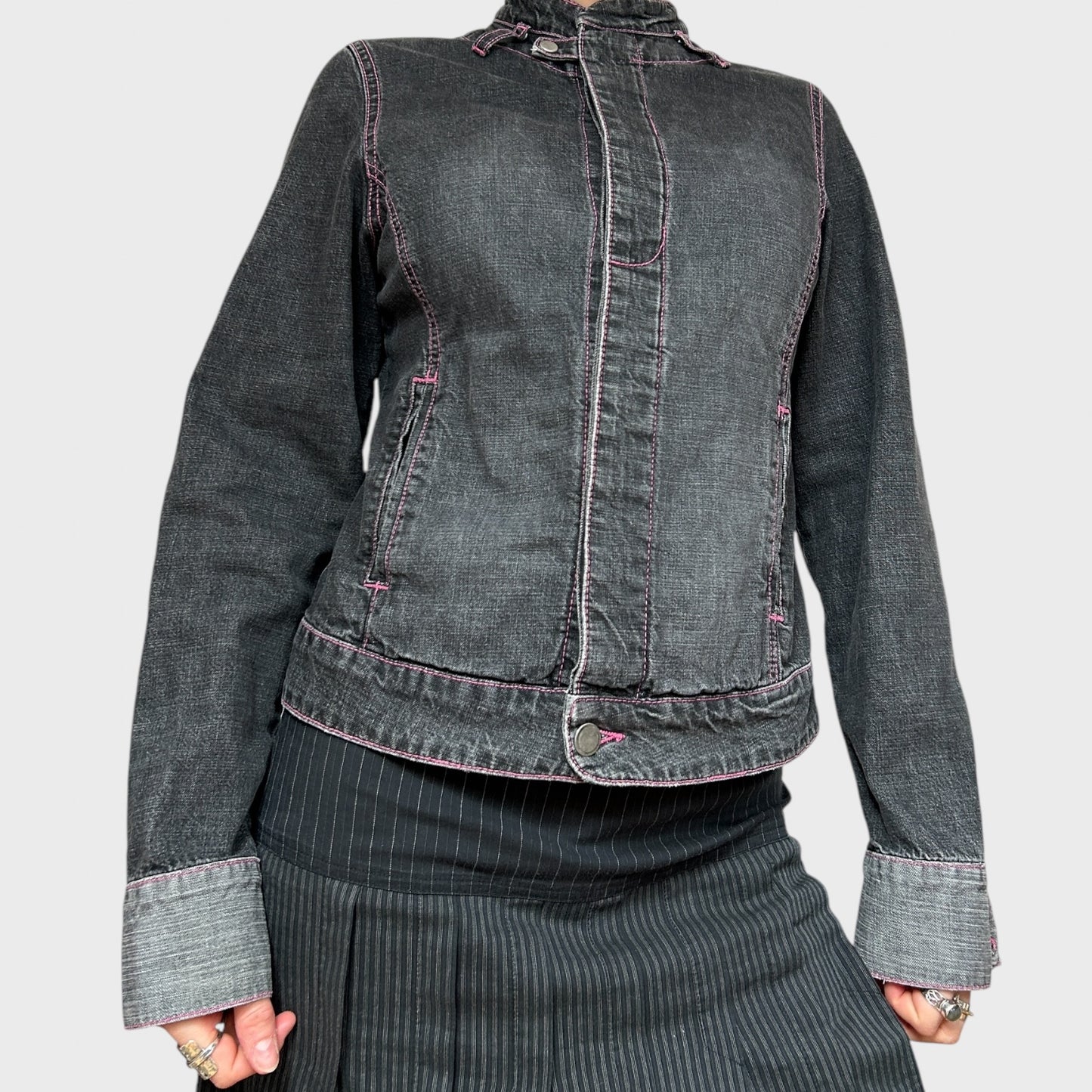 Dark Grey High Neck Denim Jacket