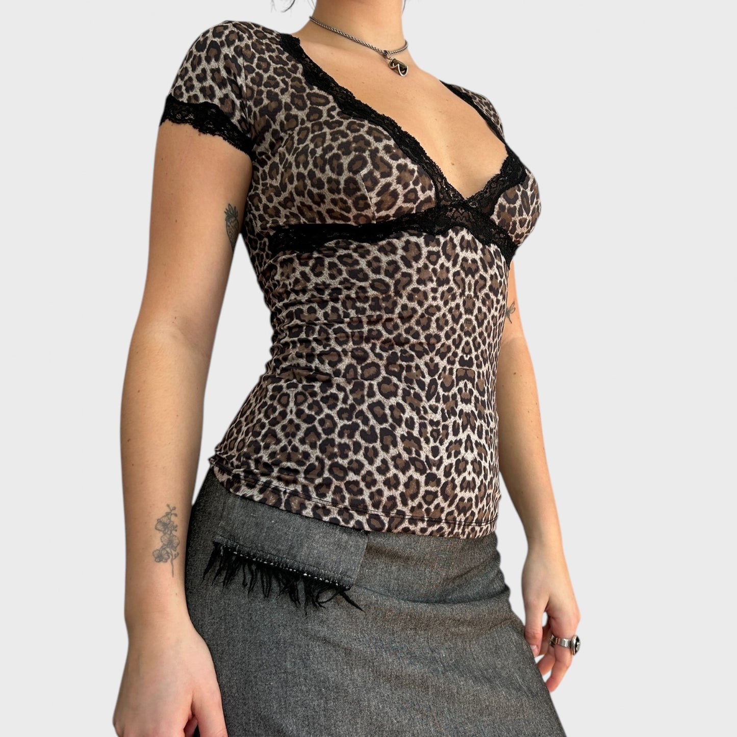 Roberto Cavalli Leopard Print Lace Trim Top