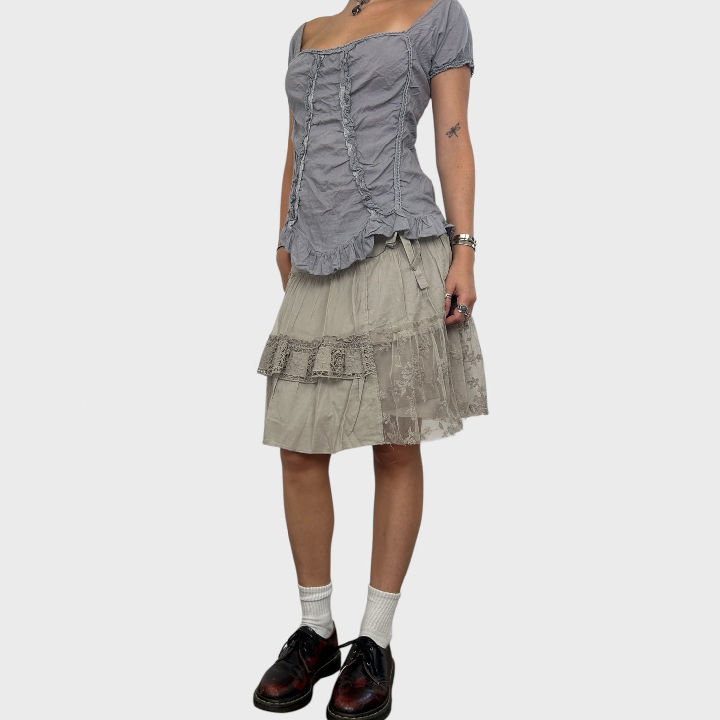 Beige Frilly Lace Midi Skirt - M