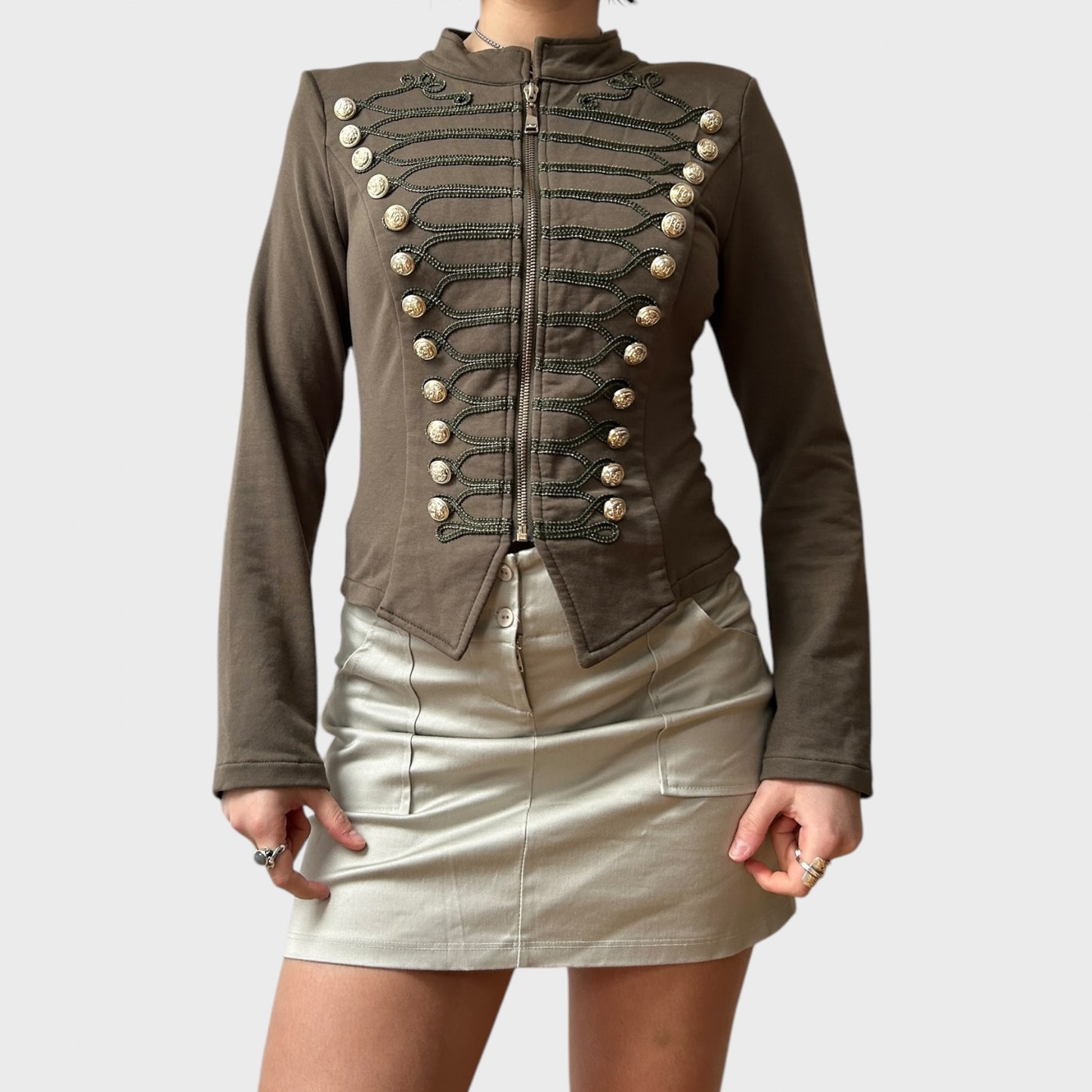 Khaki Military Style Button Zip Up Top/Jacket