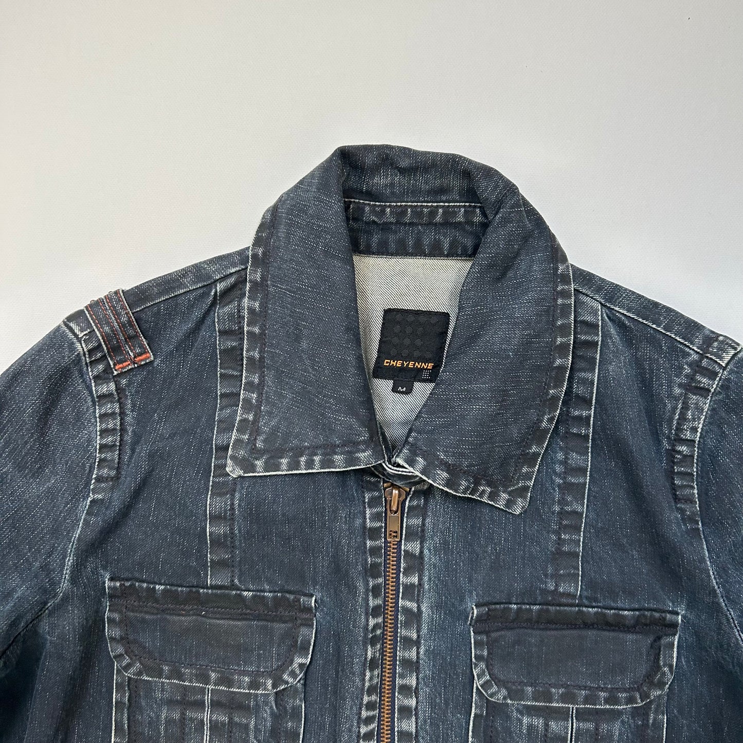 Denim Zip-Up Distressed Collared Jacket