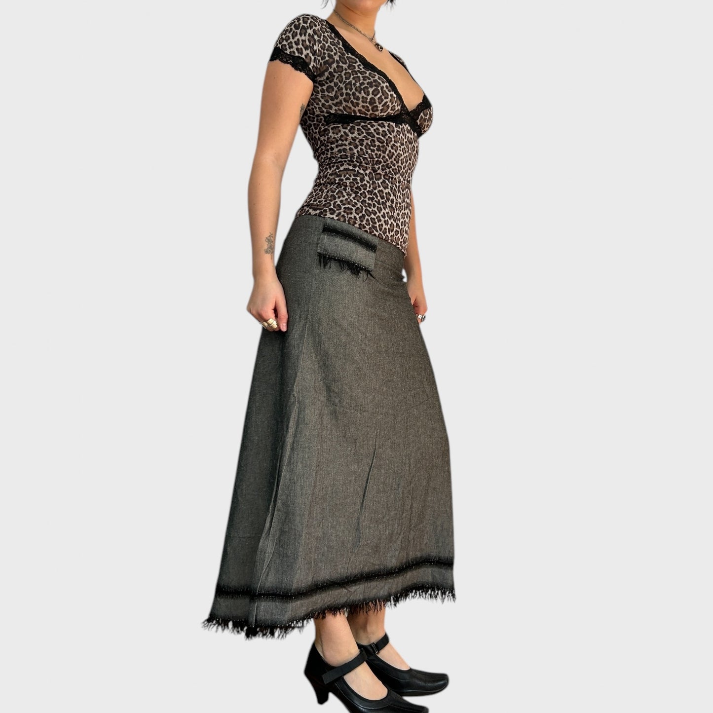 Cop Copine Grey Maxi Skirt with Frayed Hem and Pocket