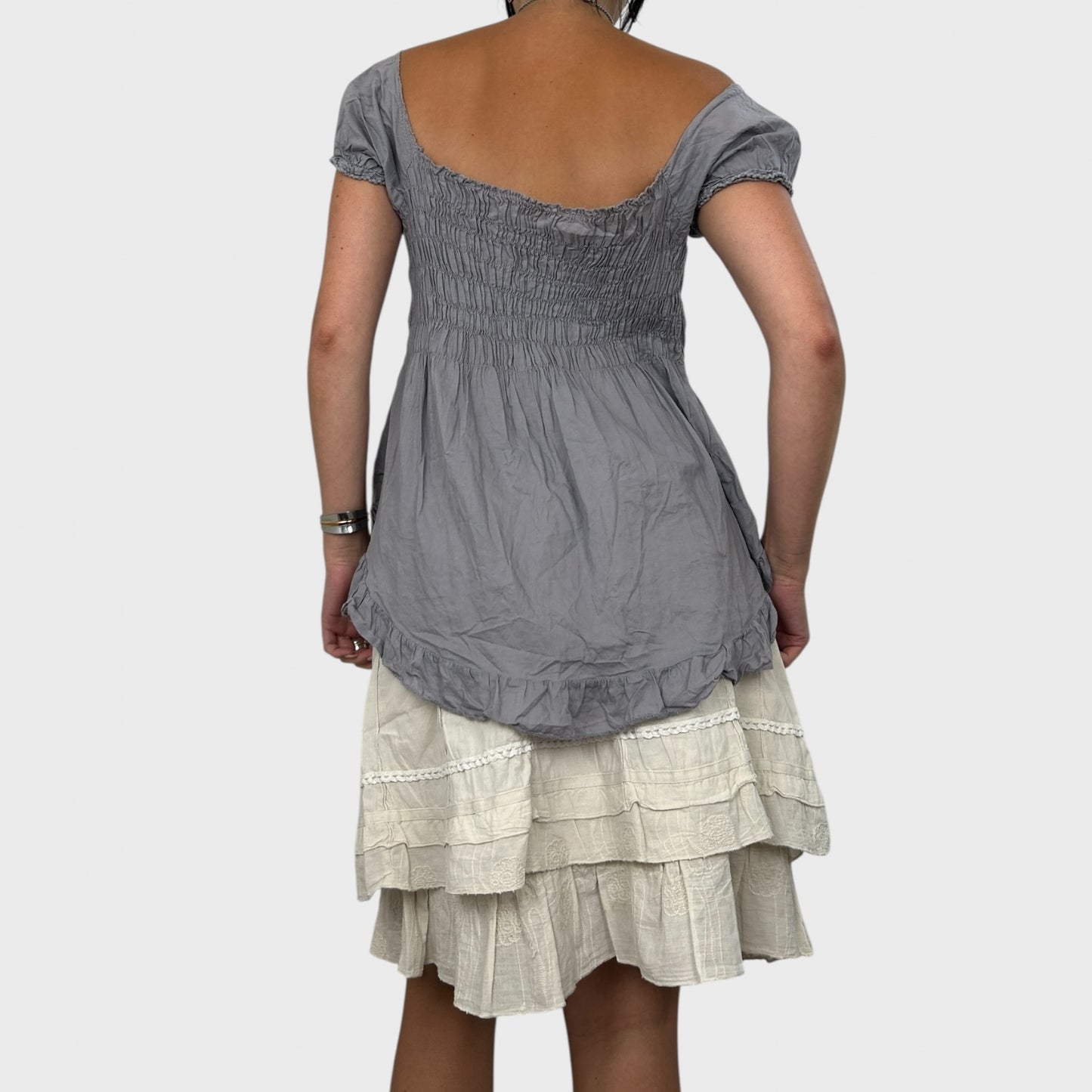 Grey Frilly Boho Bardot Top - M/L