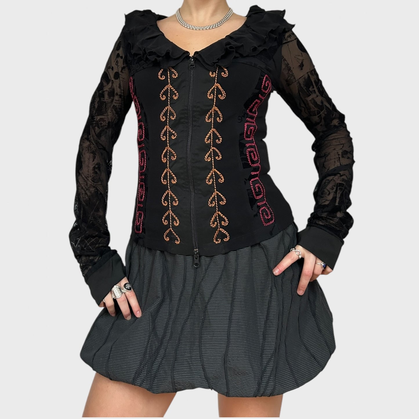 Save the Queen Double-Zip Long Sleeve Mesh Top