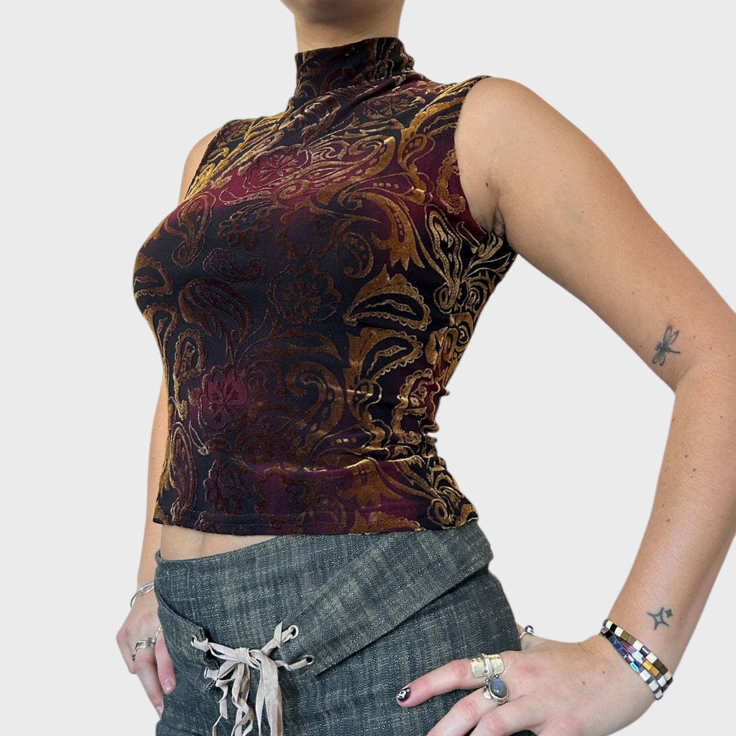 High neck paisley print velvet top