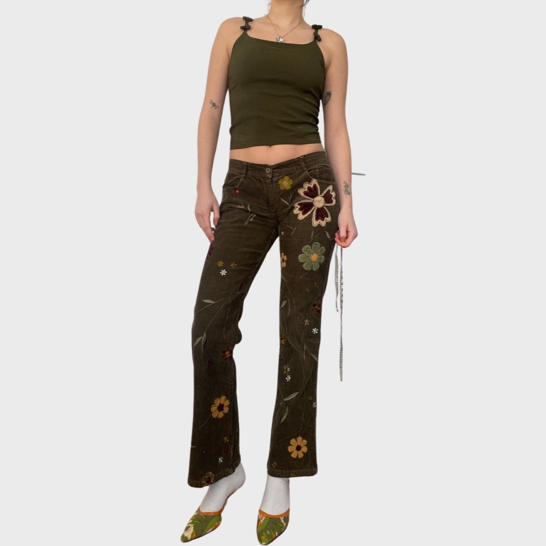 Brown corduroy floral embroidered trousers