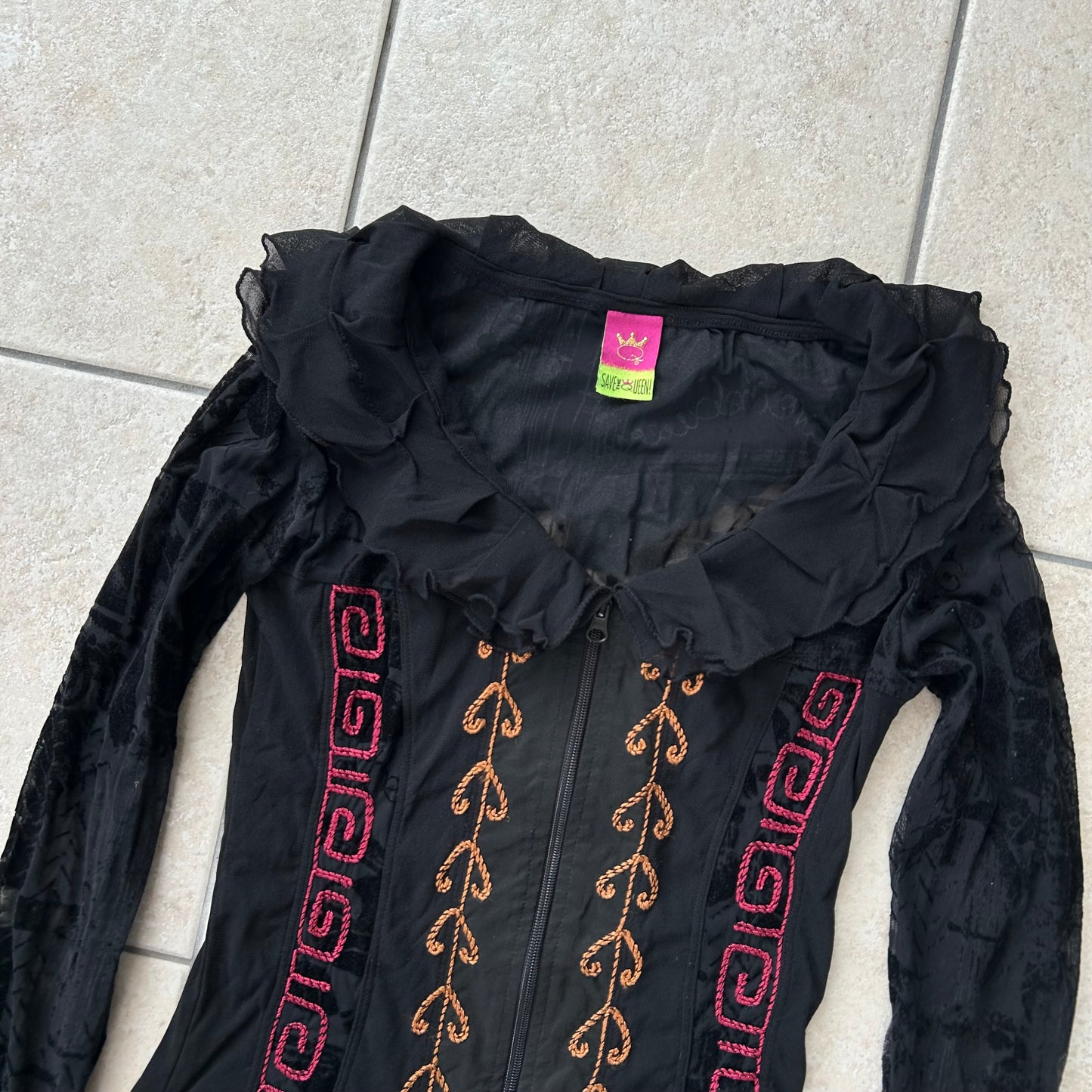 Save the Queen Double-Zip Long Sleeve Mesh Top