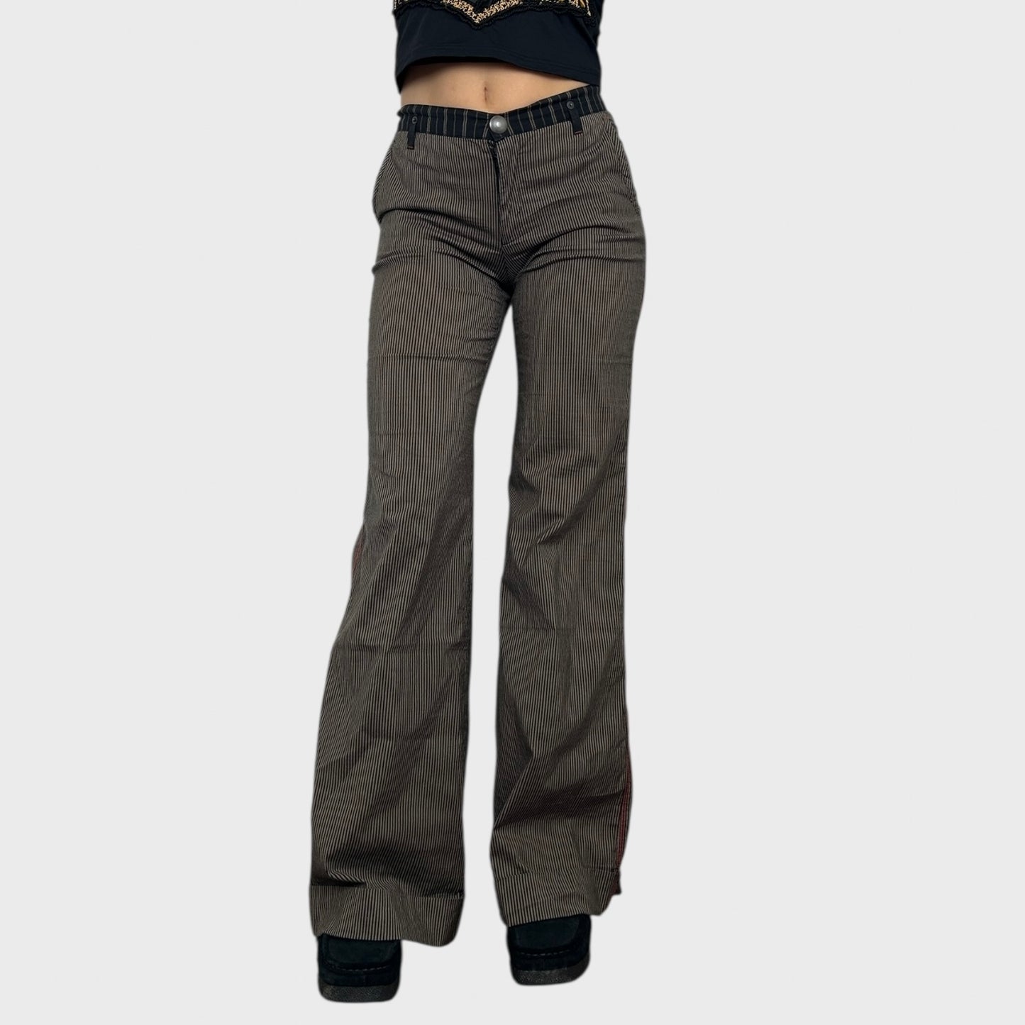 Cop Copine Brown Pinstripe Wide Leg Trousers - S