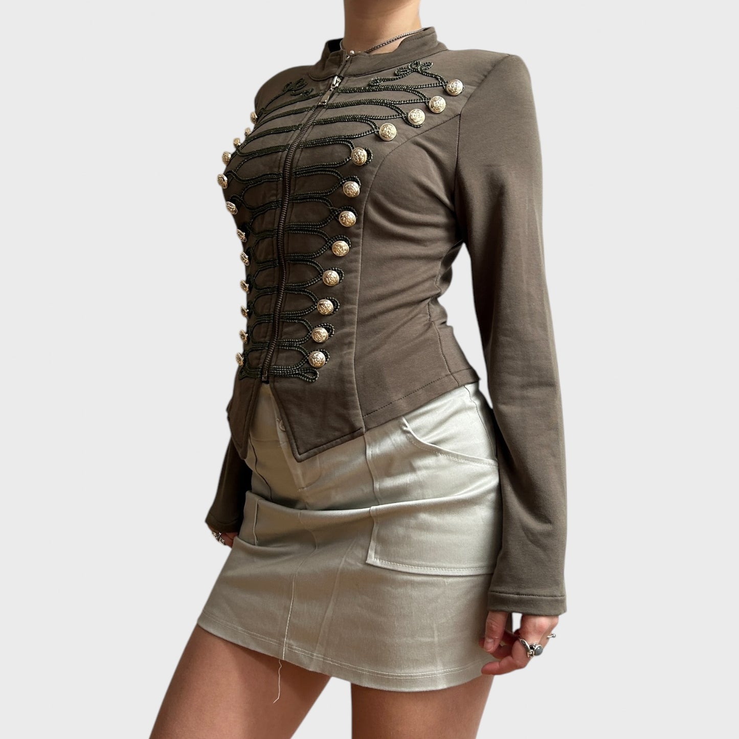 Khaki Military Style Button Zip Up Top/Jacket