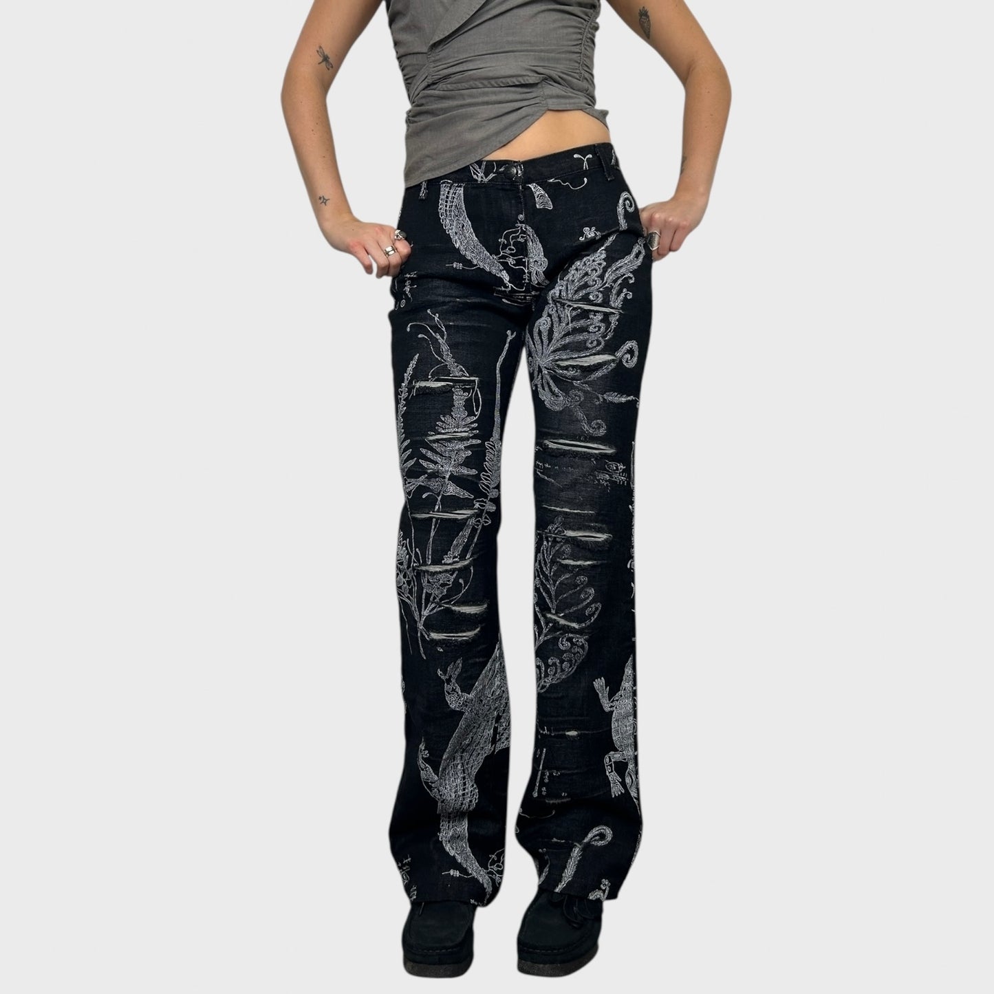 Cavalli Graphic Print Distressed Jeans - S