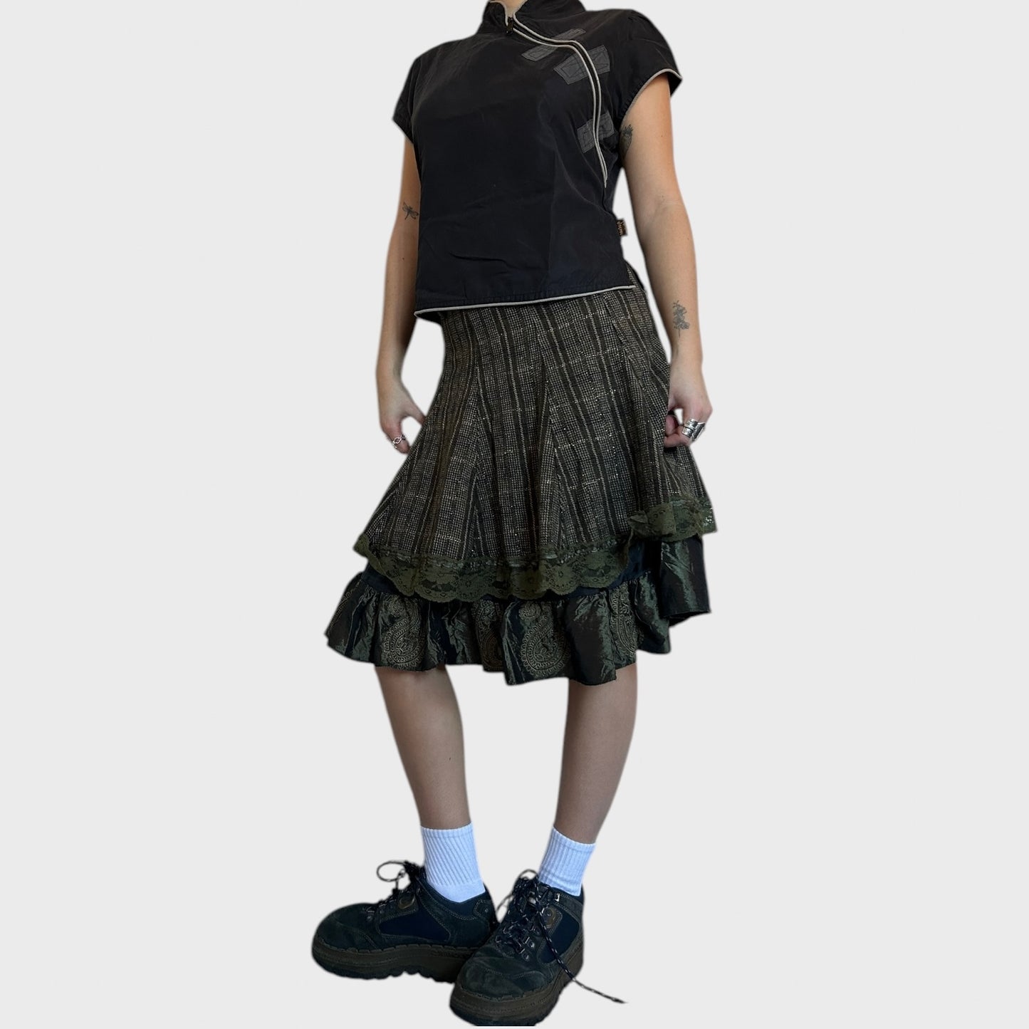Khaki Brown Midi Layered Skirt with Lace Hem Details