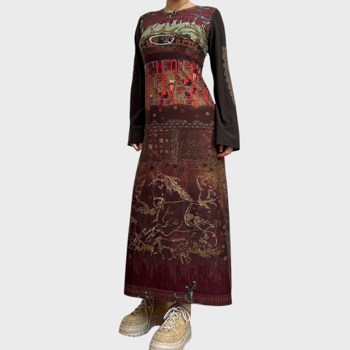 Vintage Save the Queen Graphic Print Maxi Dress