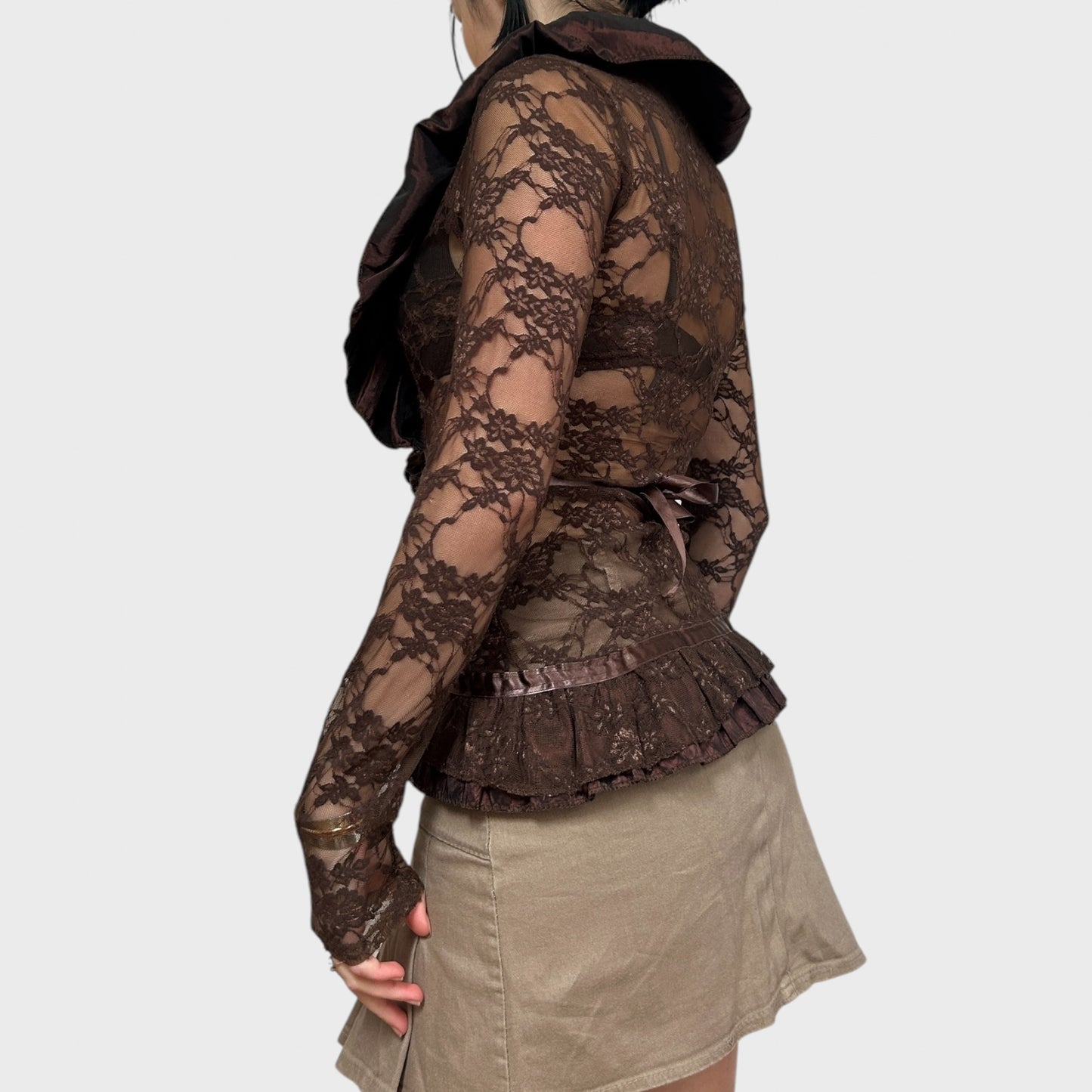 Brown Bi-Material Lace Cardigan