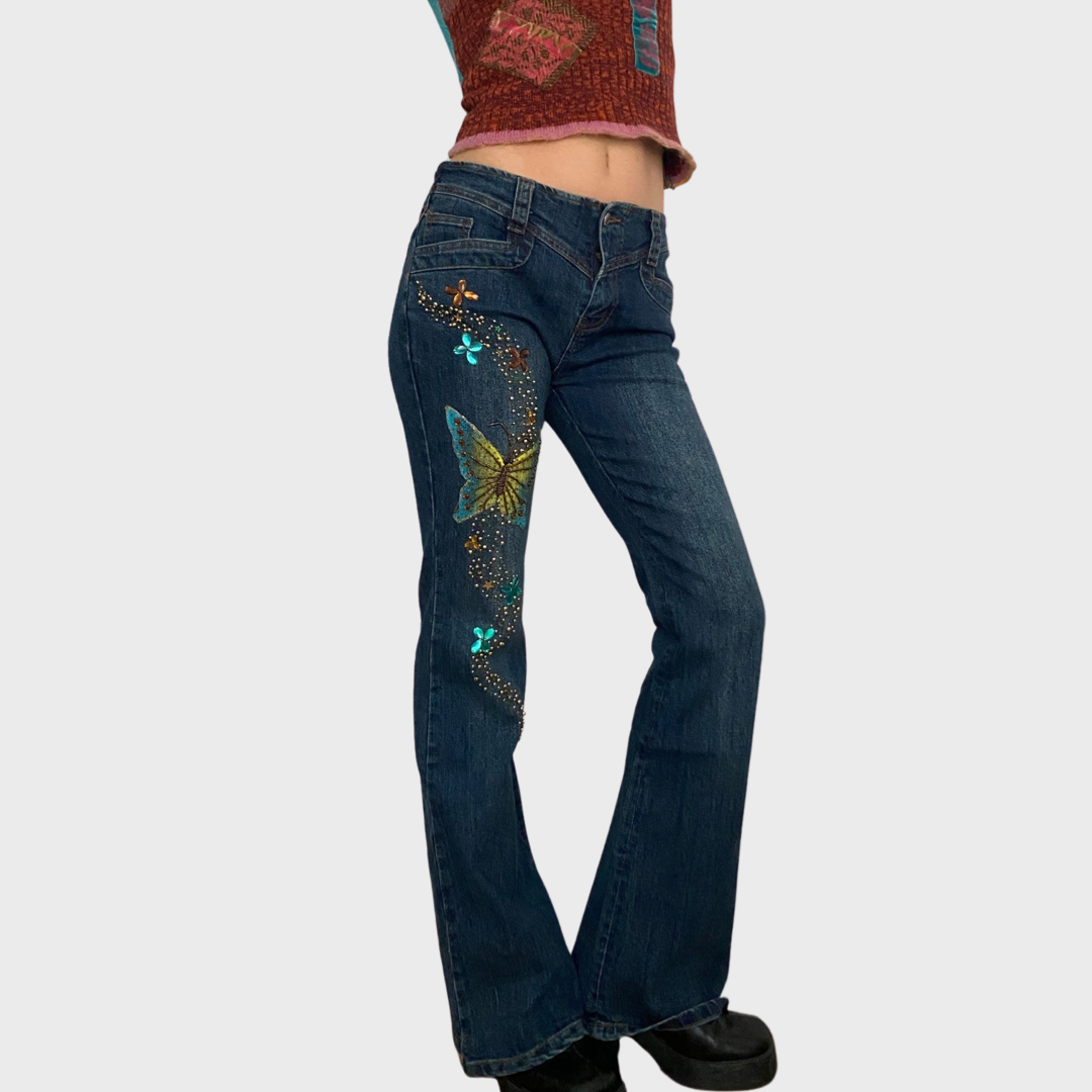 Deadstock beaded butterfly jeans, new with tags