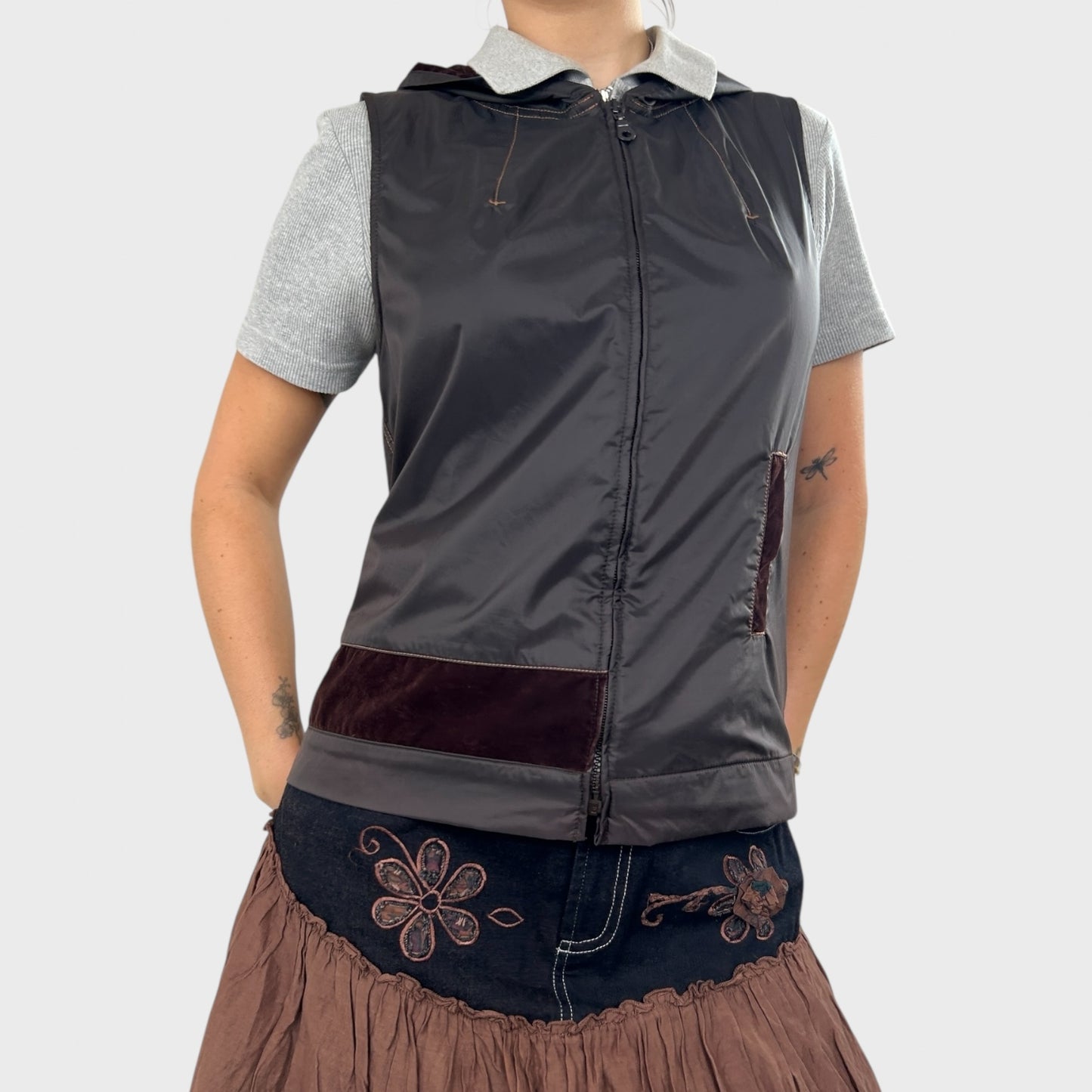 Cop Copine Technical Brown Zip Up Hooded Vest - M