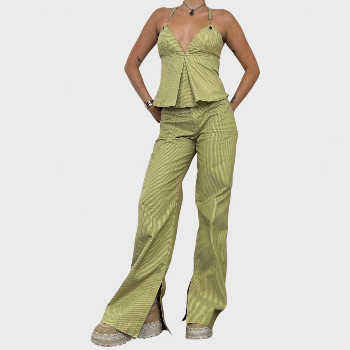 Cop Copine Green Striped Wide Leg Logo Trousers - M/L
