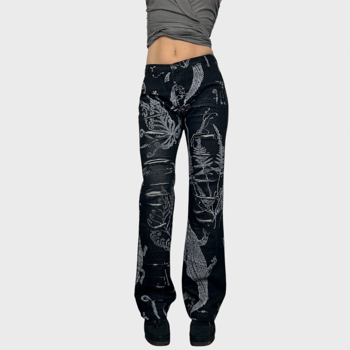 Cavalli Graphic Print Distressed Jeans - S