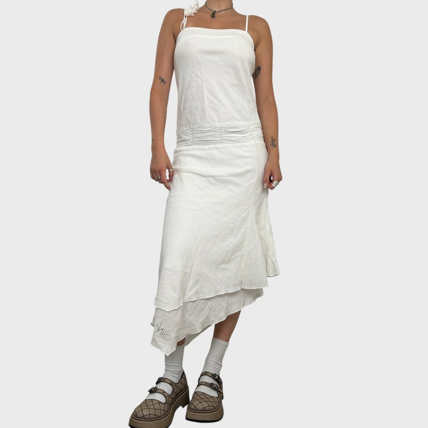 White Cop Copine Asymmetric Frilly Midi Dress - S/M