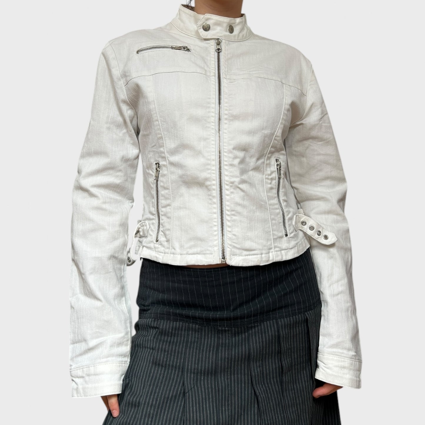 White Denim Zip-Up Jacket