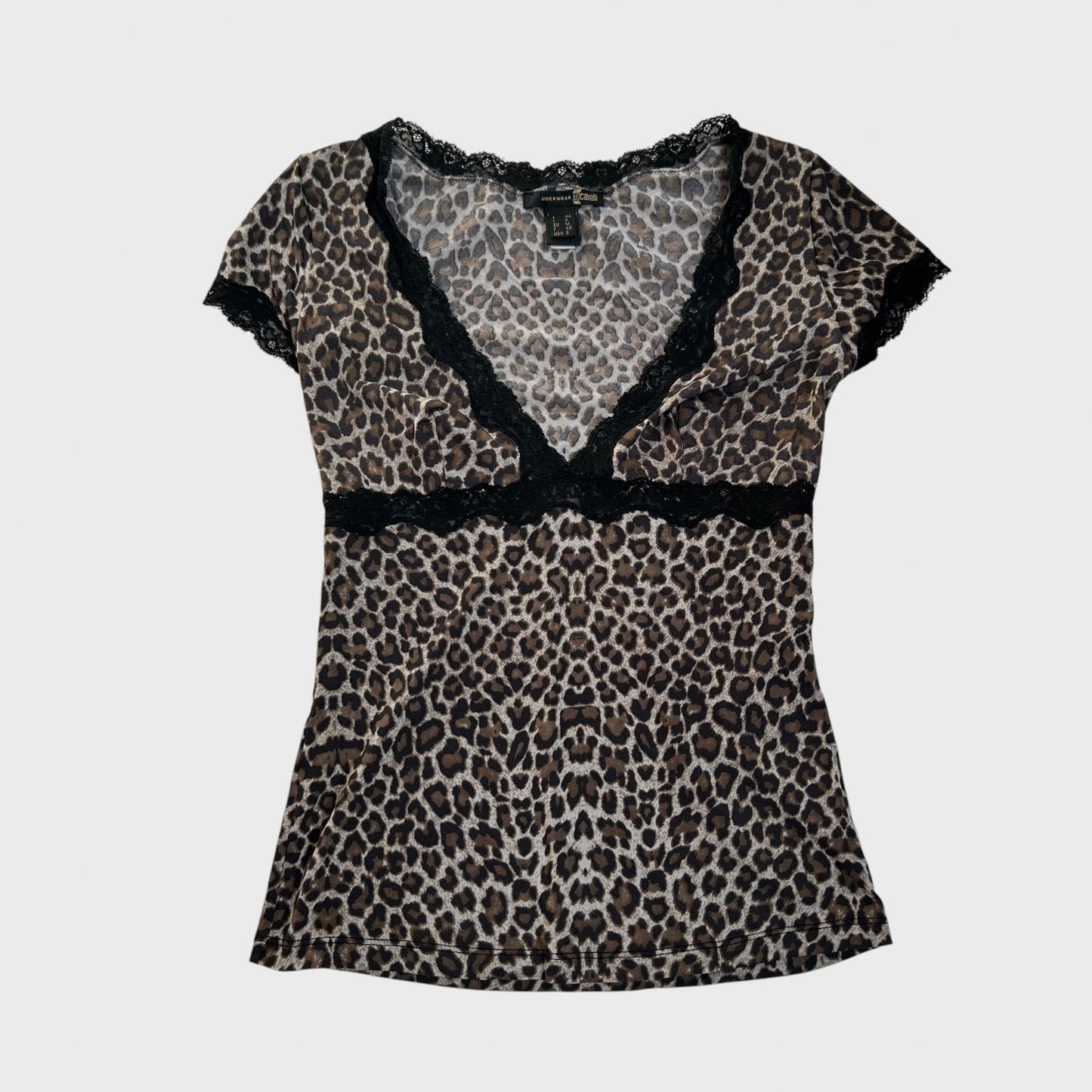 Roberto Cavalli Leopard Print Lace Trim Top