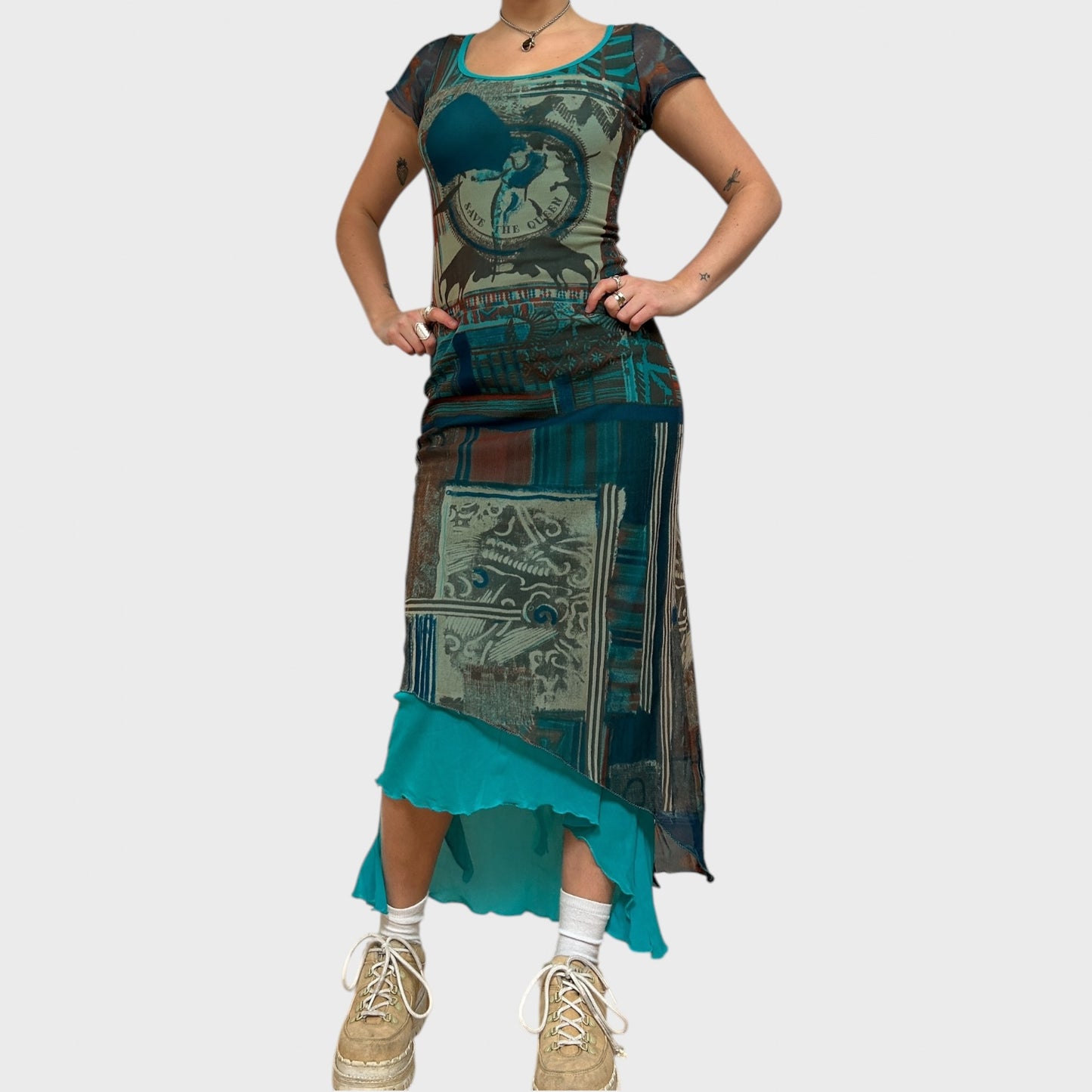 Rare Save the Queen Graphic Mesh Maxi Dress