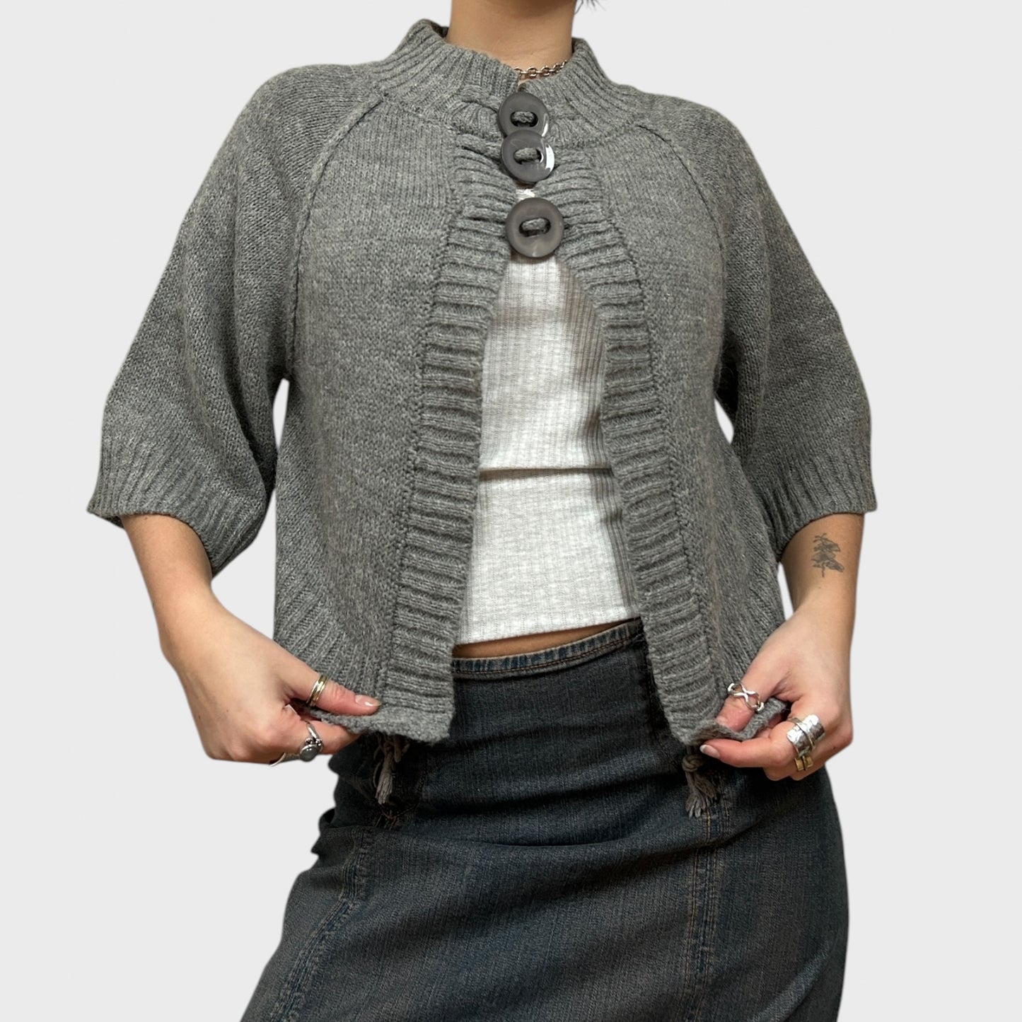 Grey Button-Up Split Hem Cardigan