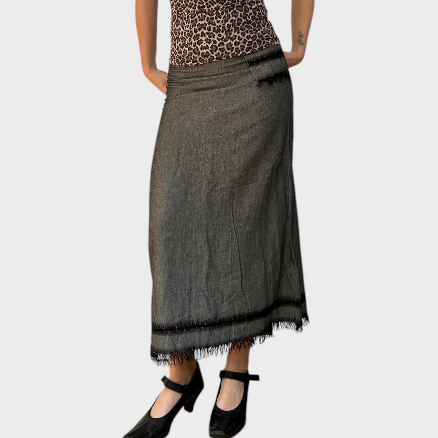 Cop Copine Grey Maxi Skirt with Frayed Hem and Pocket