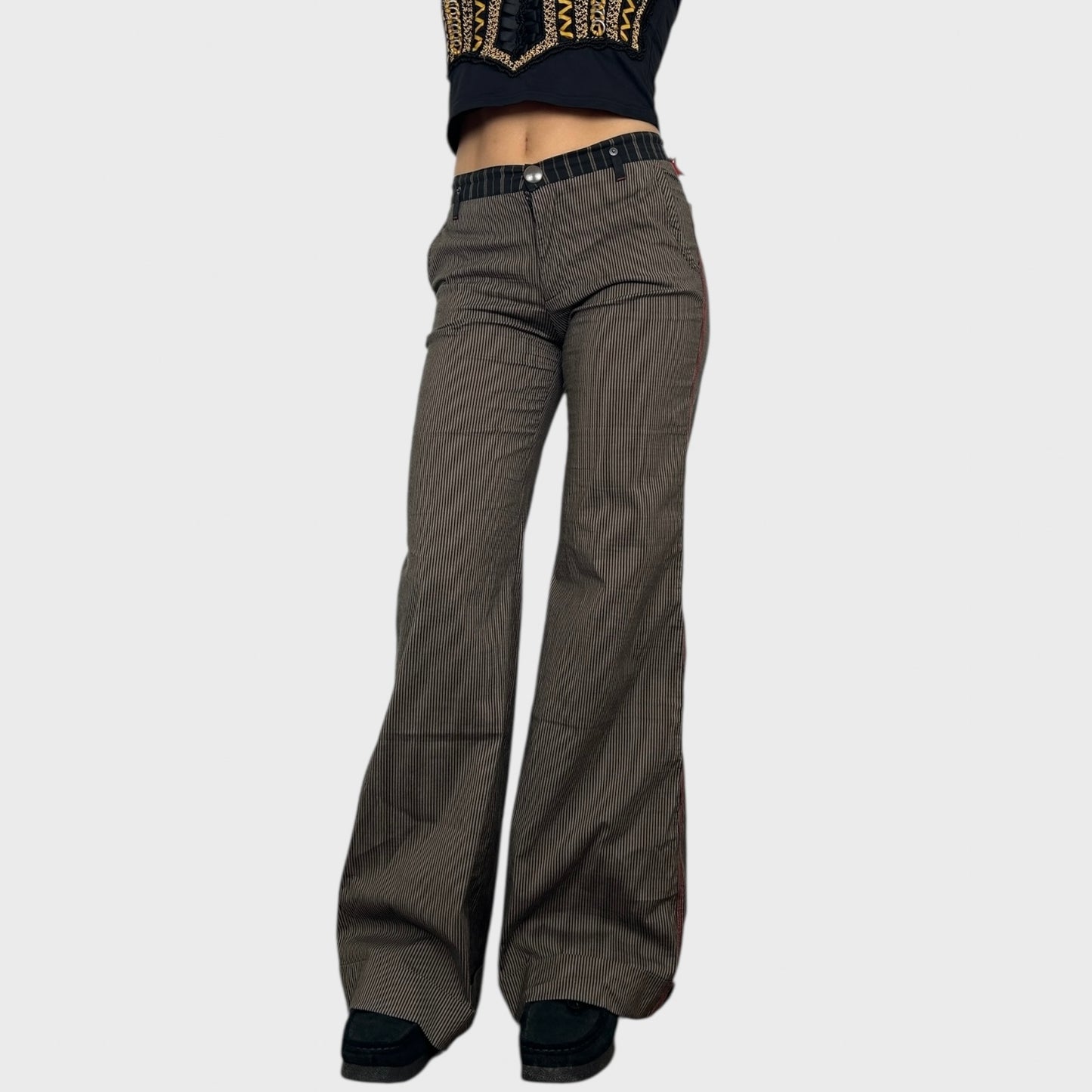 Cop Copine Brown Pinstripe Wide Leg Trousers - S