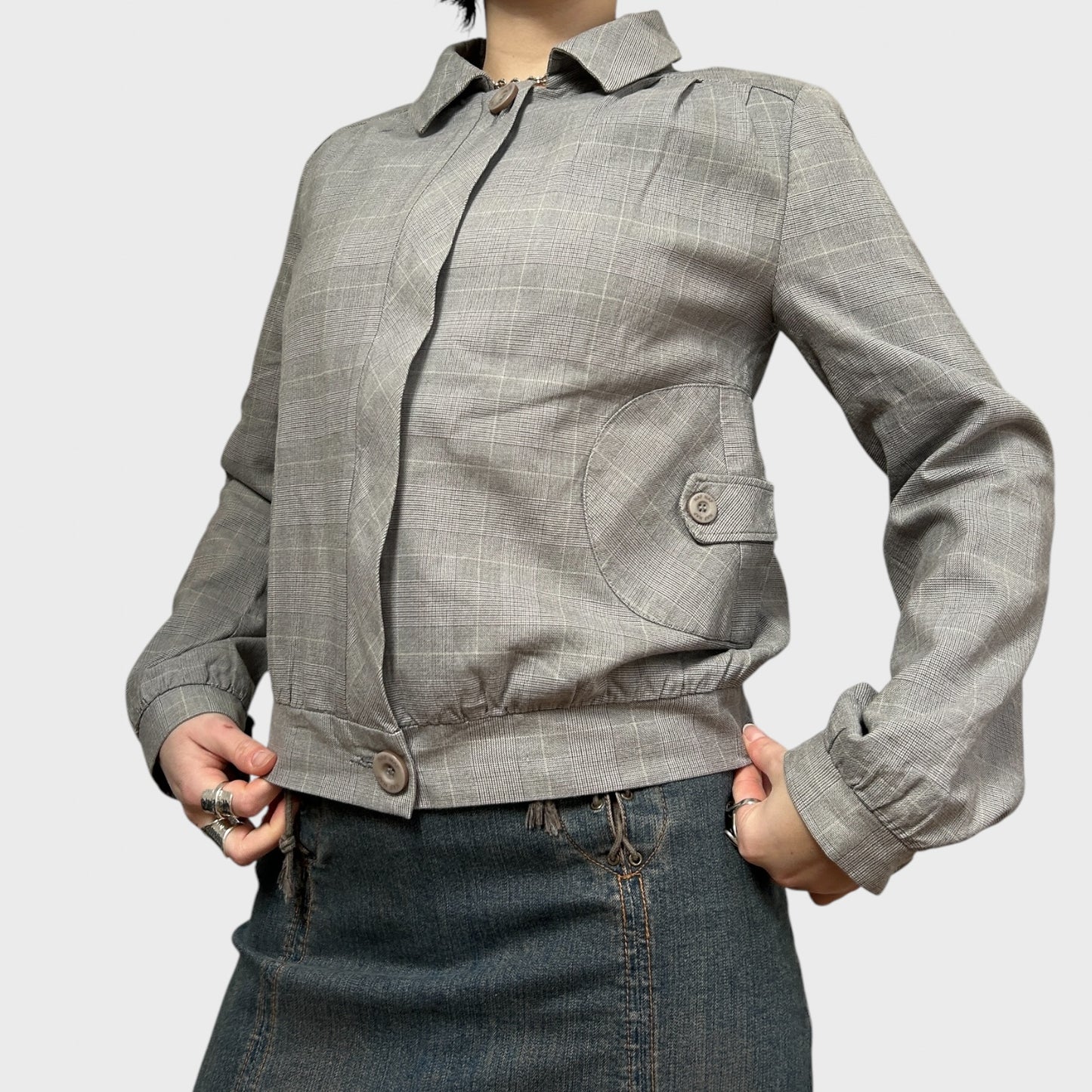 Grey Checkered Zip-Up Collared Bomber Jacket