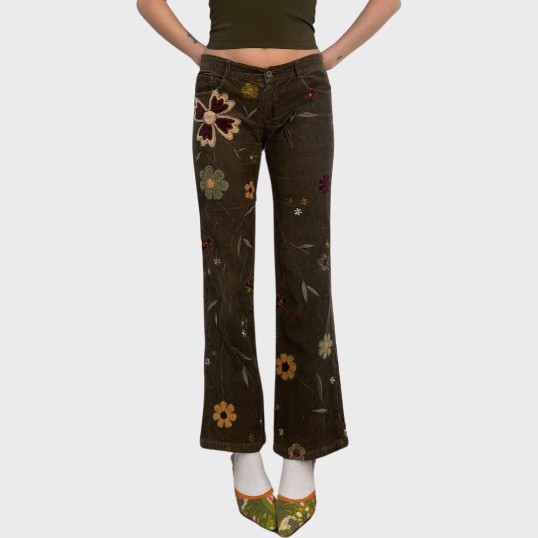 Brown corduroy floral embroidered trousers
