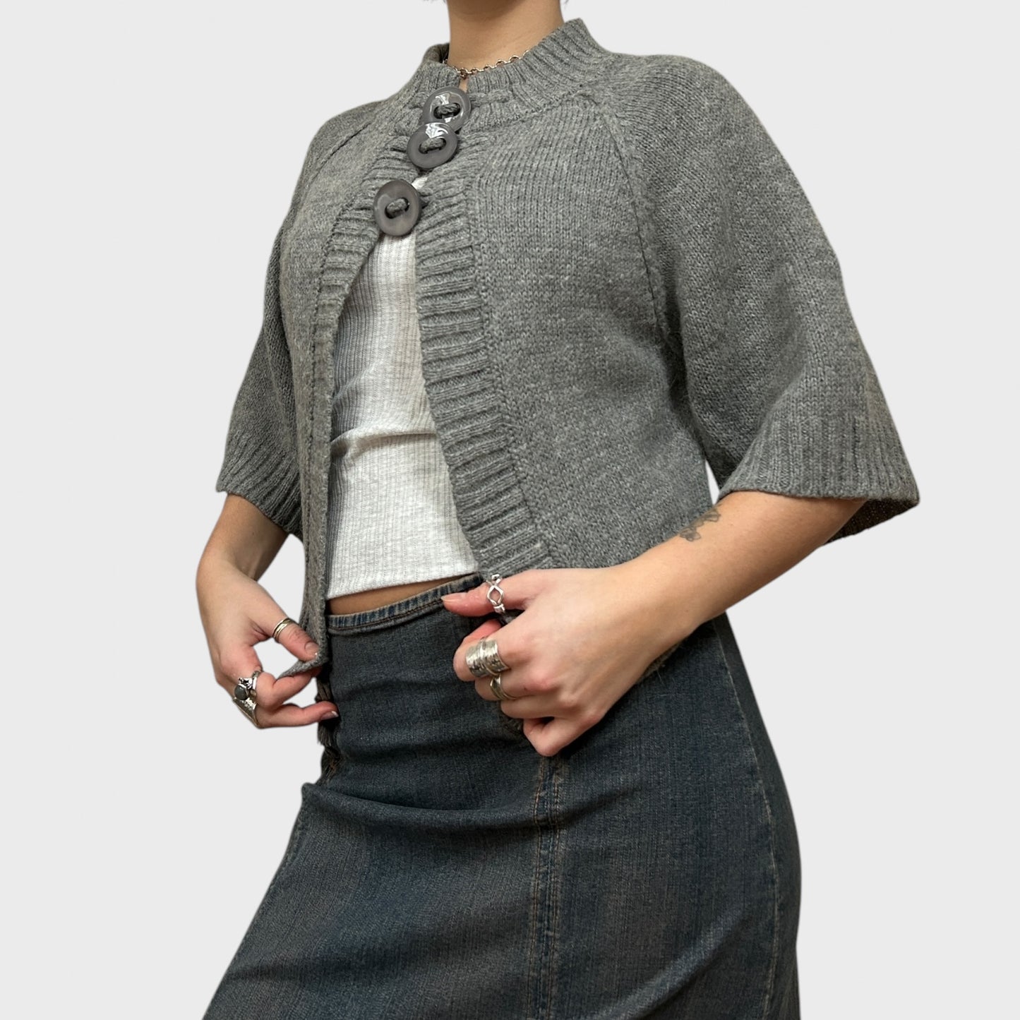Grey Button-Up Split Hem Cardigan