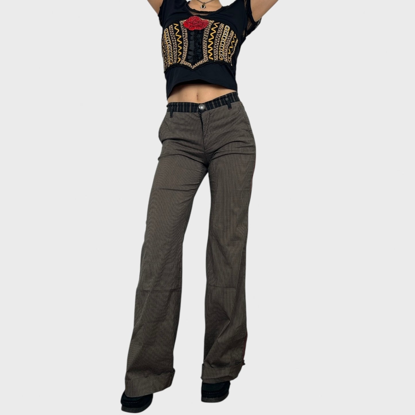 Cop Copine Brown Pinstripe Wide Leg Trousers - S
