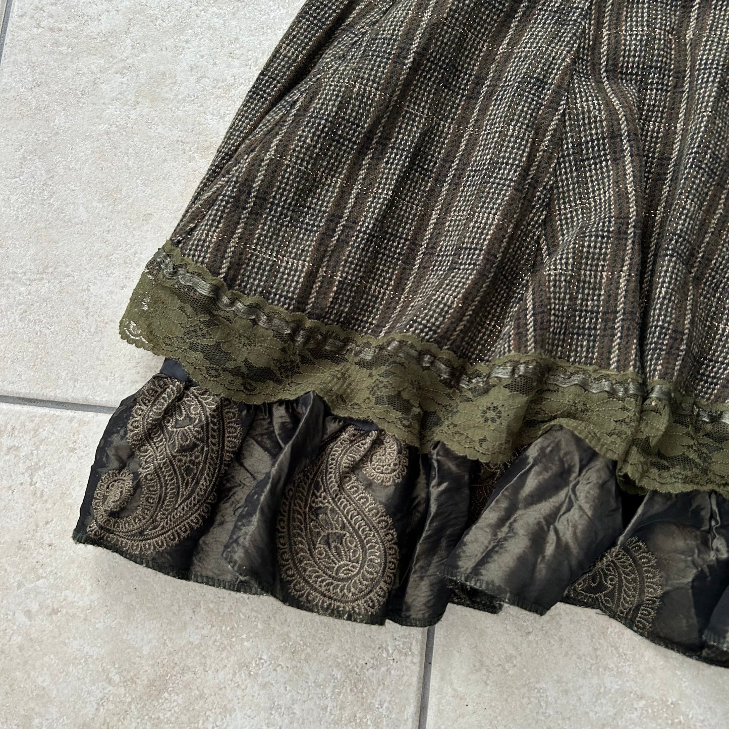 Khaki Brown Midi Layered Skirt with Lace Hem Details