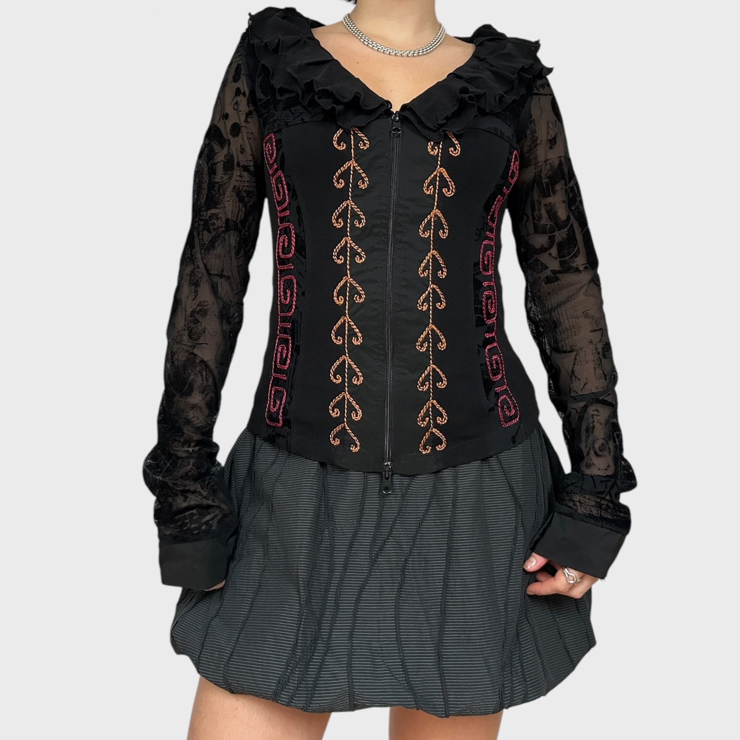 Save the Queen Double-Zip Long Sleeve Mesh Top