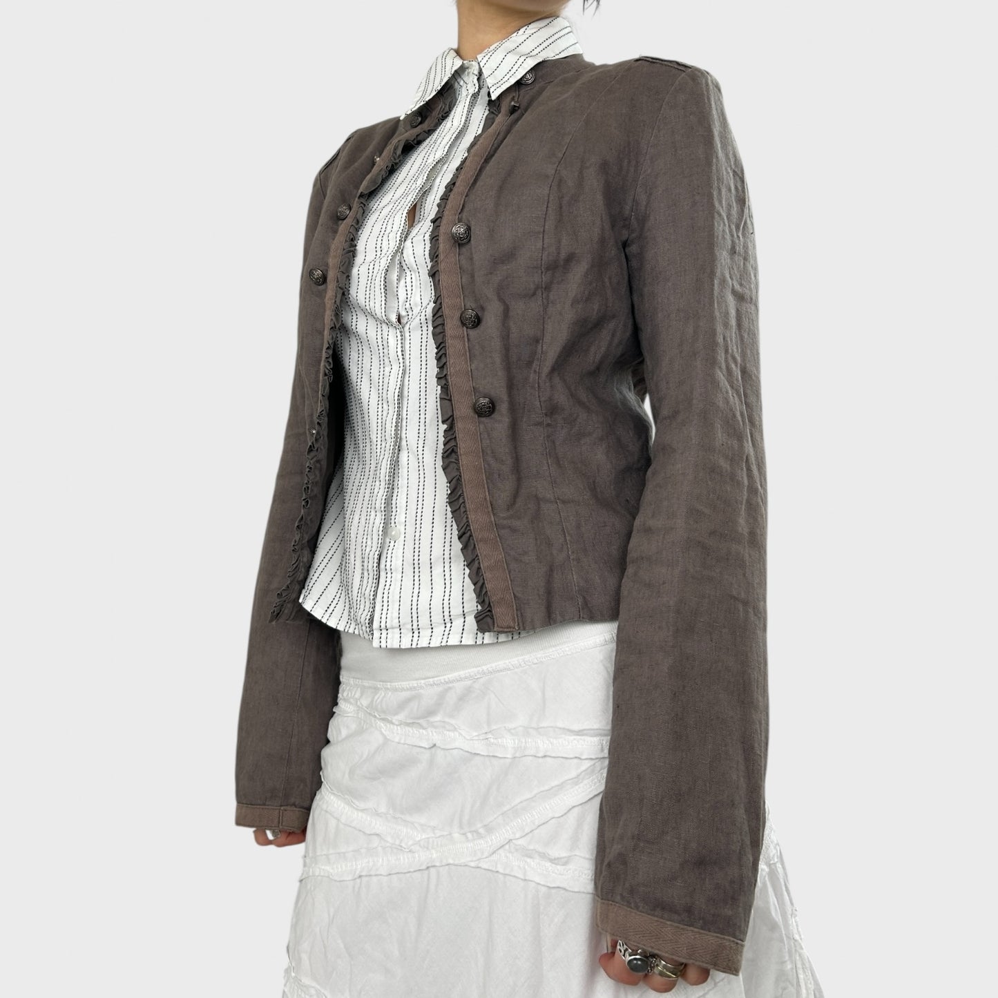 Brown High Neck Linen Jacket - S/M