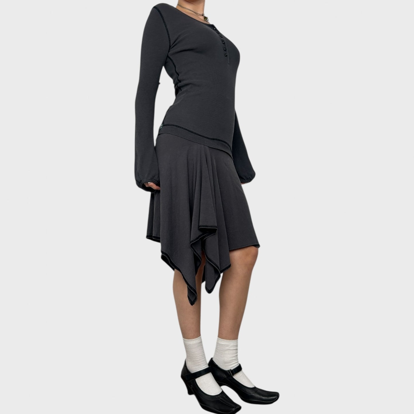 Cop Copine Grey Drop Waist Midi Dress - M