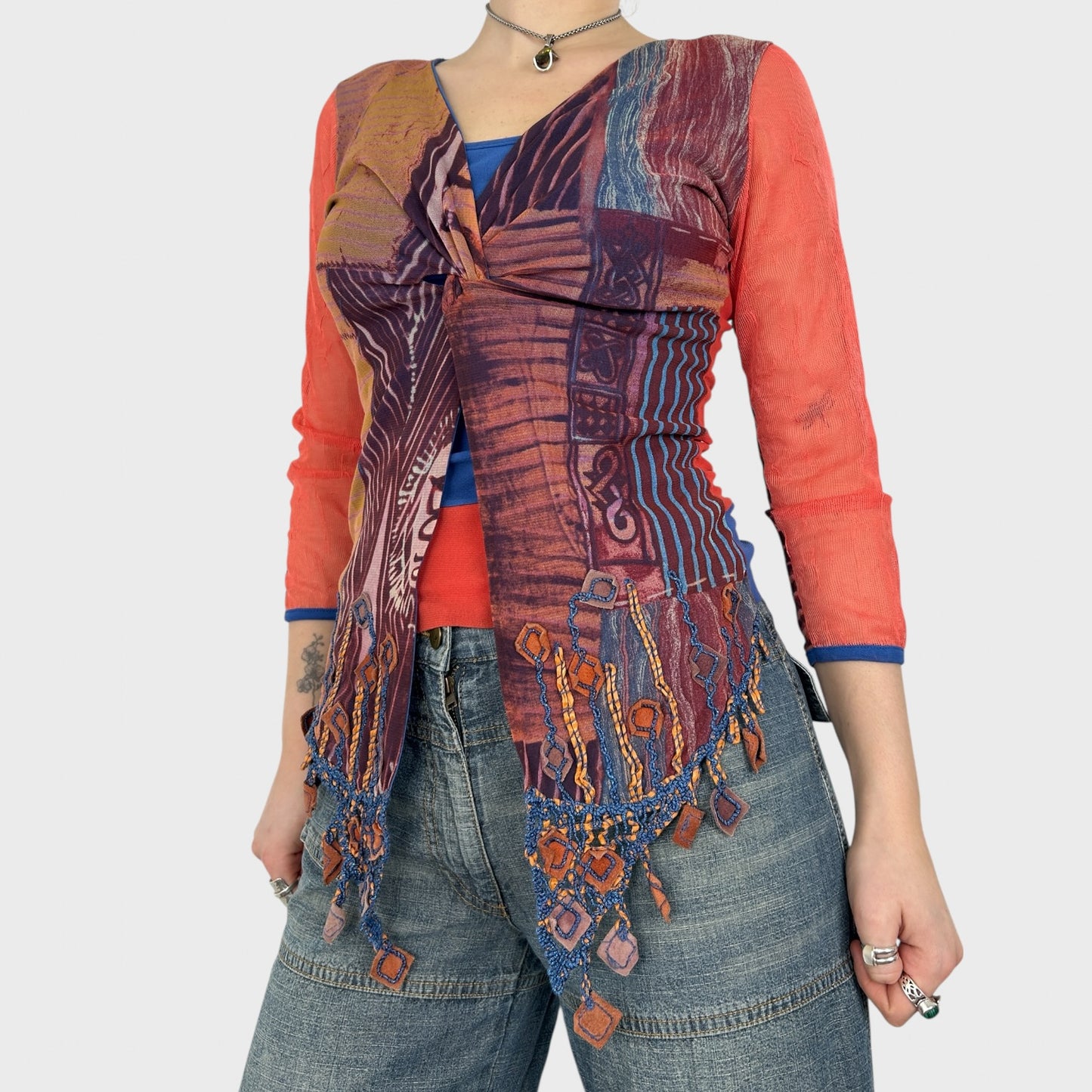 Save The Queen Graphic Mesh Split Hem Top - S