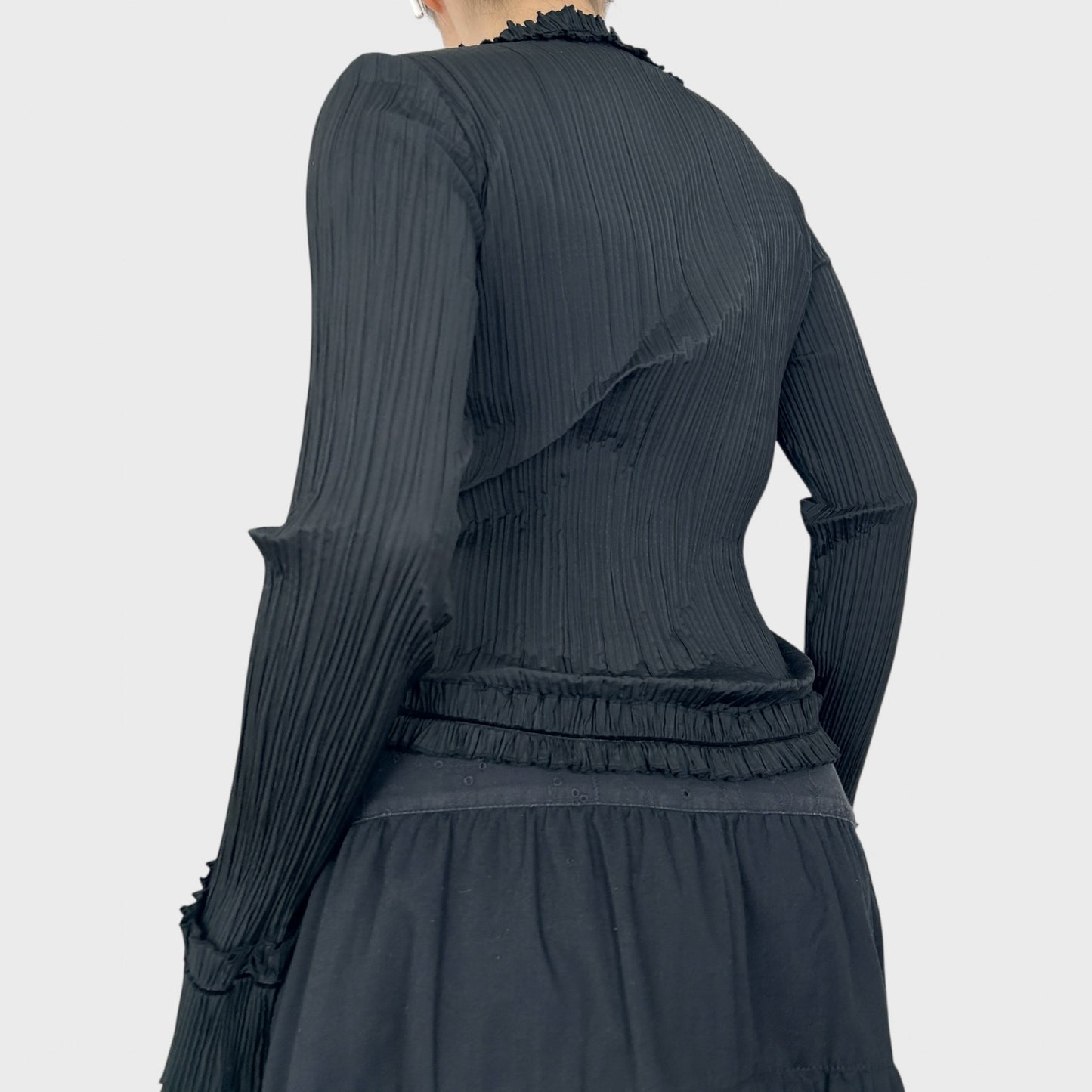 Vintage Black Crinkle Ruffle Blouse - M