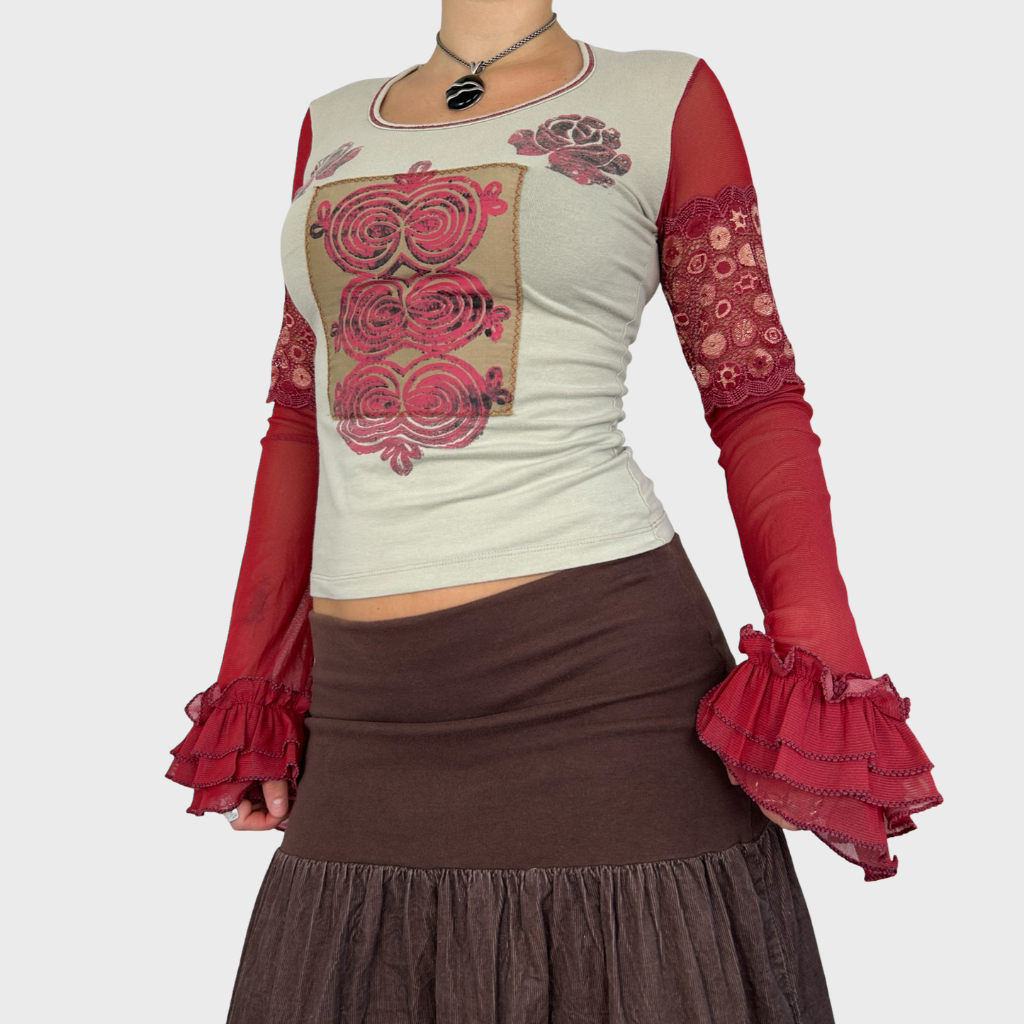 Save The Queen Pink Graphic Mesh Bell Sleeve Top - S