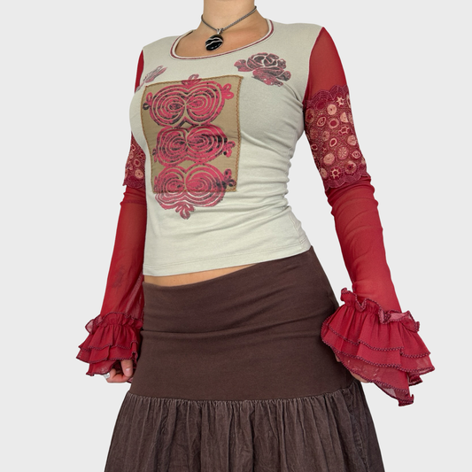 Save The Queen Pink Graphic Mesh Bell Sleeve Top - S