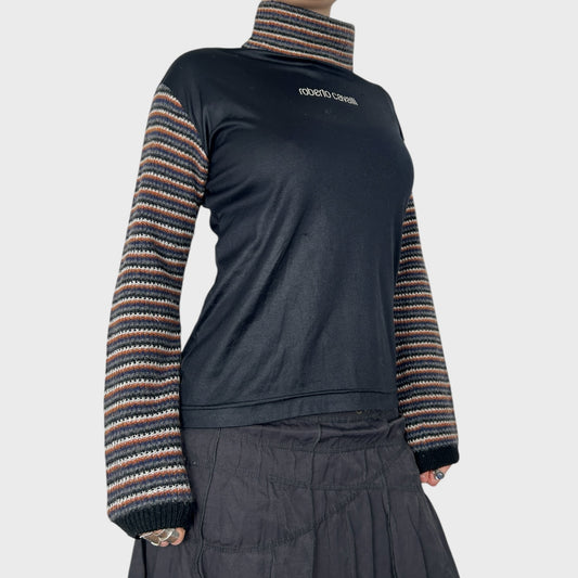 Roberto Cavalli Bi-Material Roll Neck Knit Top - M