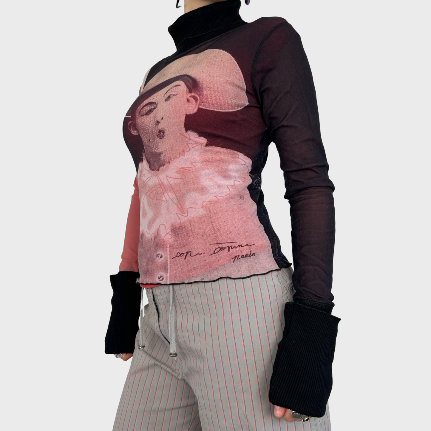 Rare Cop Copine Avant-Garde Clown Print Mesh Turtleneck Top - M