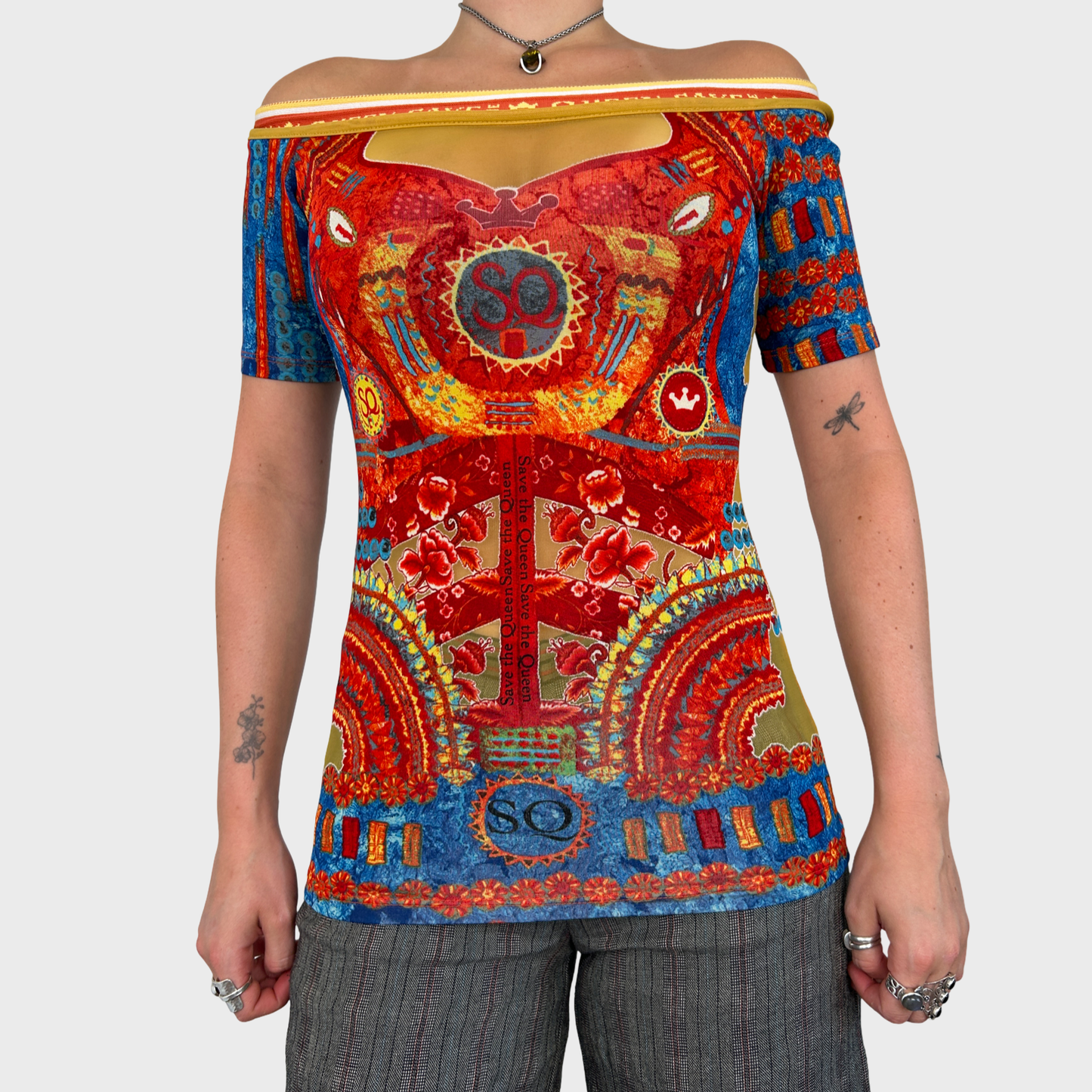 Save The Queen Graphic Off Shoulder Mesh Top - S