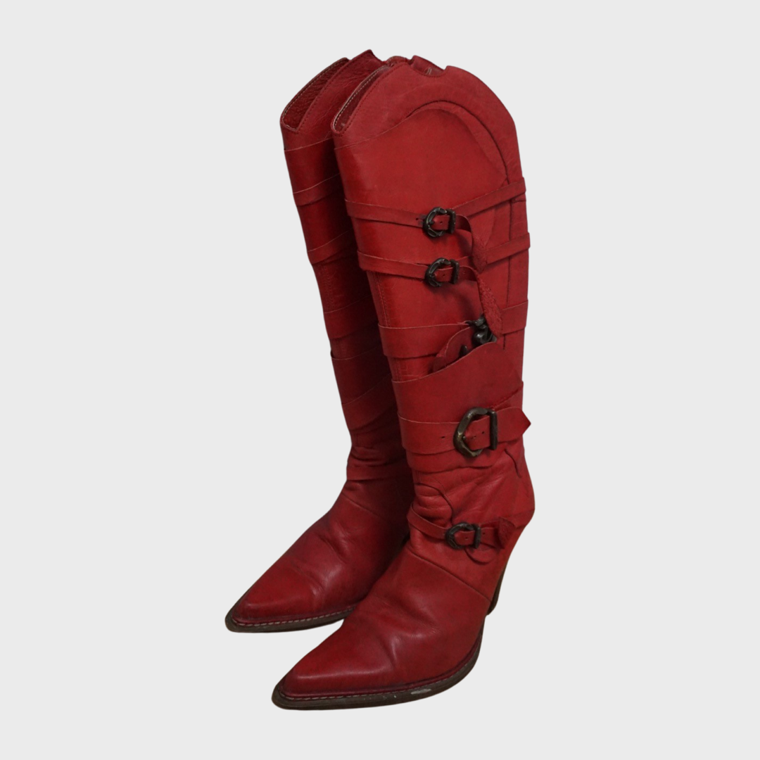 Destroy red leather buckle boots