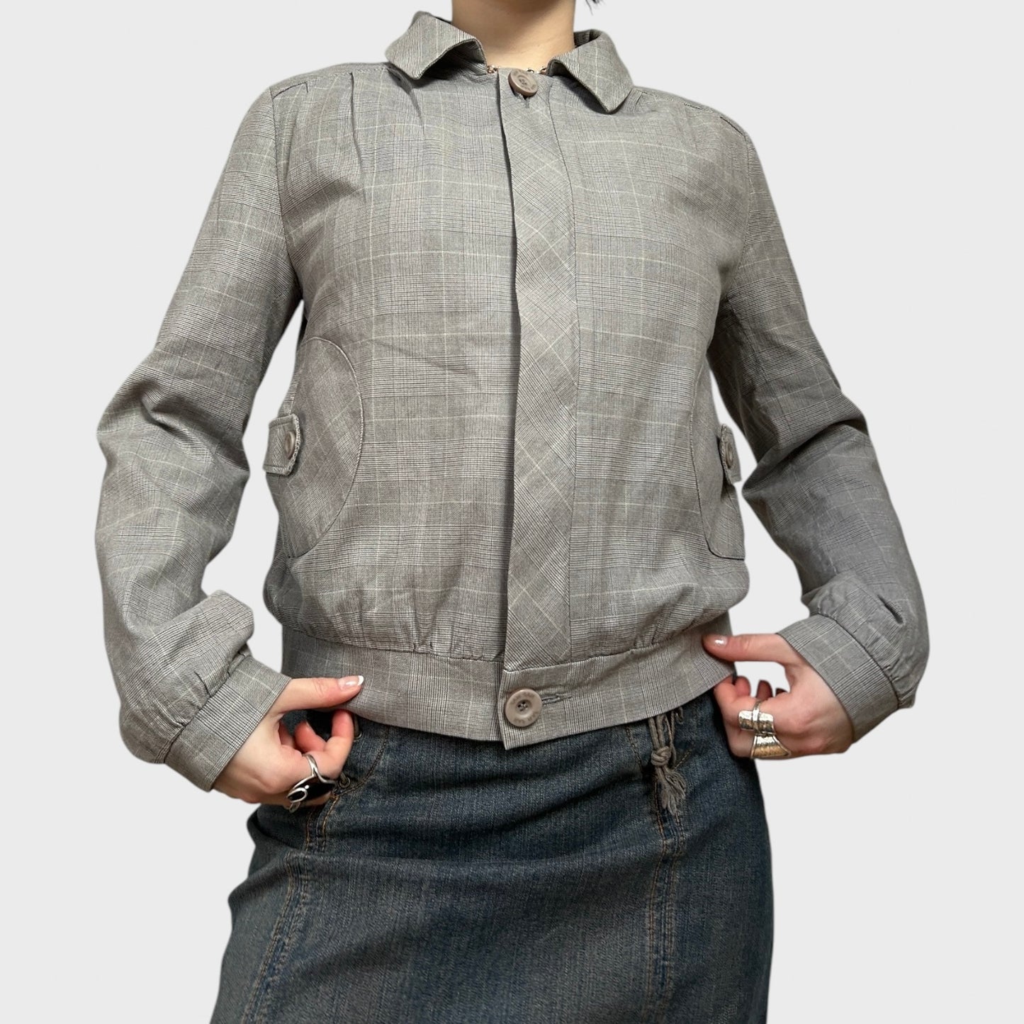 Grey Checkered Zip-Up Collared Bomber Jacket