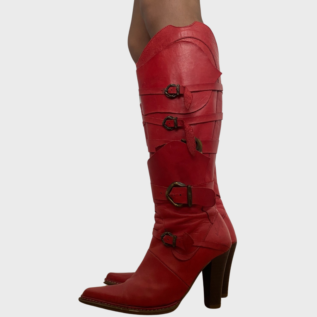 Destroy red leather buckle boots