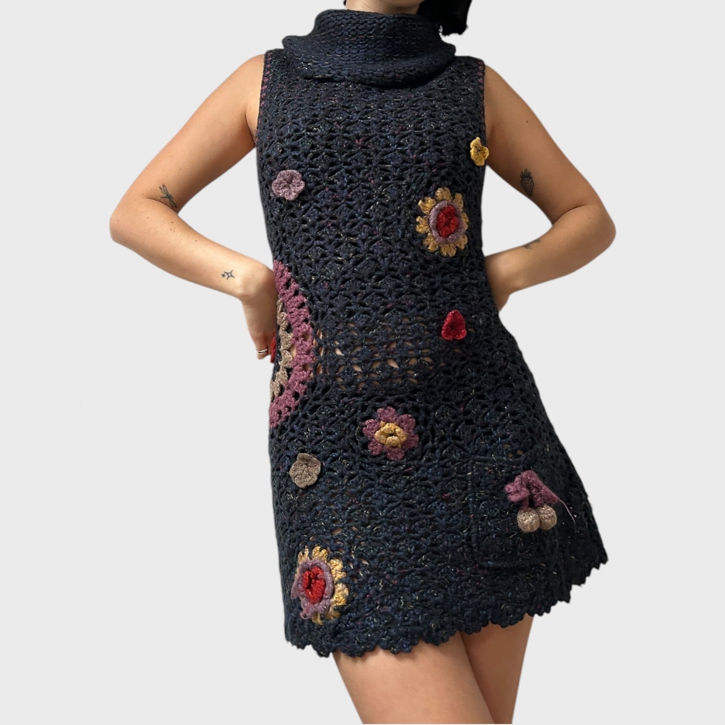 Vintage Chunky Knit Floral Crochet Mini Dress