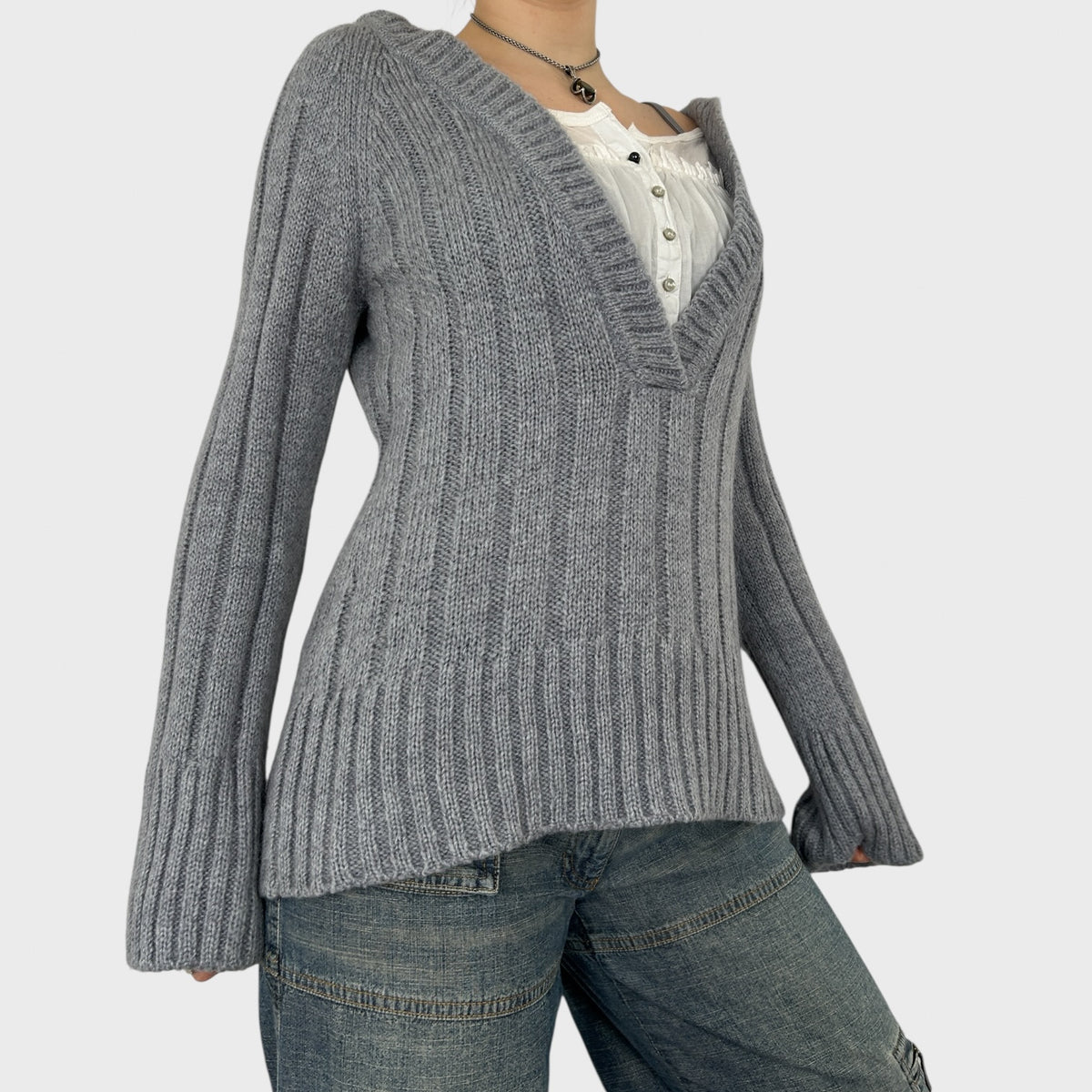 Cop Copine Grey Ribbed Knit Hooded Jumper - M